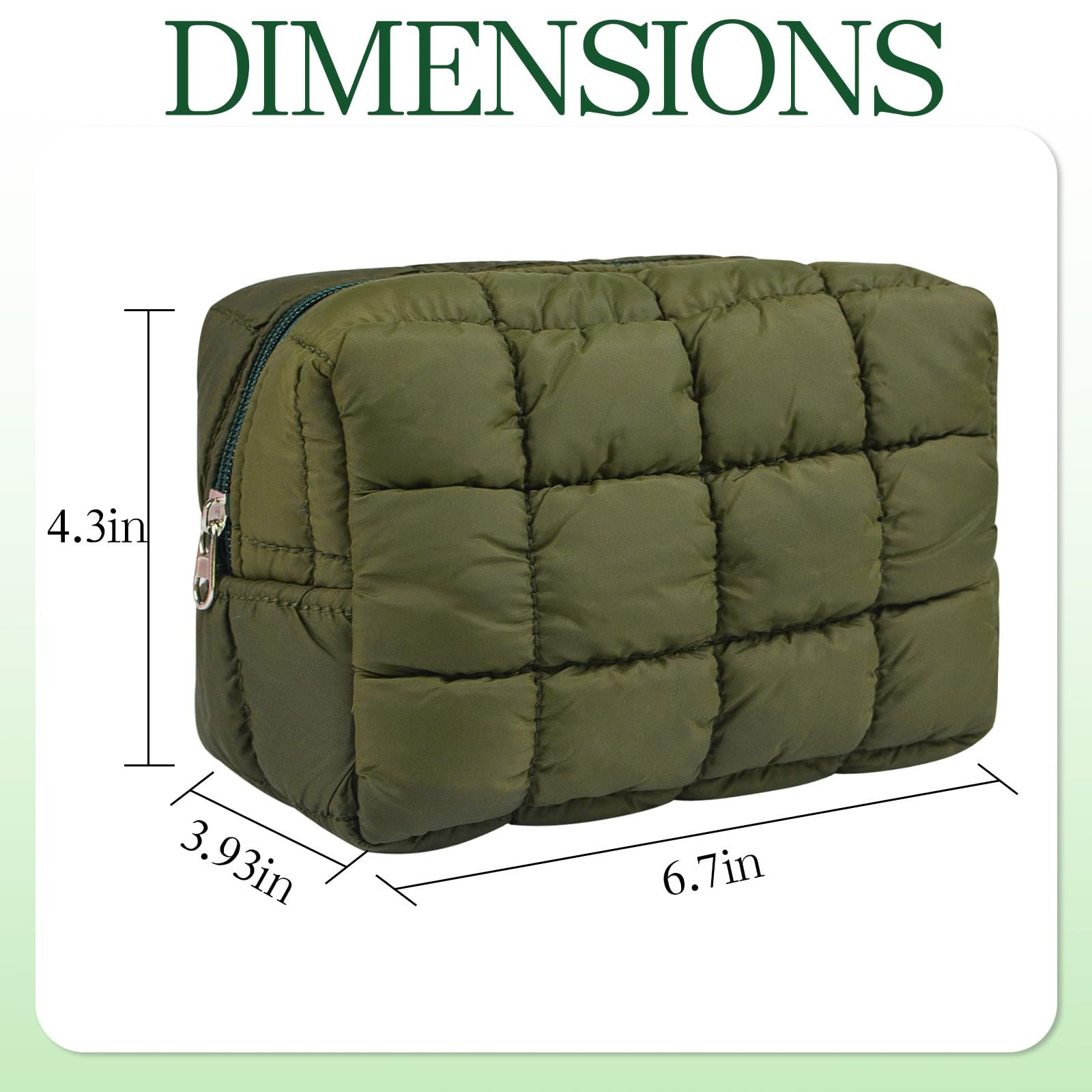 AMZMA Puffy Quilted Makeup Bag for Women, Water-Resistant Military green