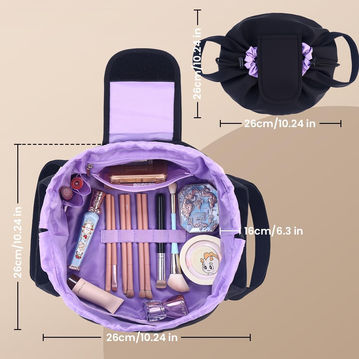 Lay Flat Drawstring Makeup Bag,Travel Cosmetic Organizer for Purple
