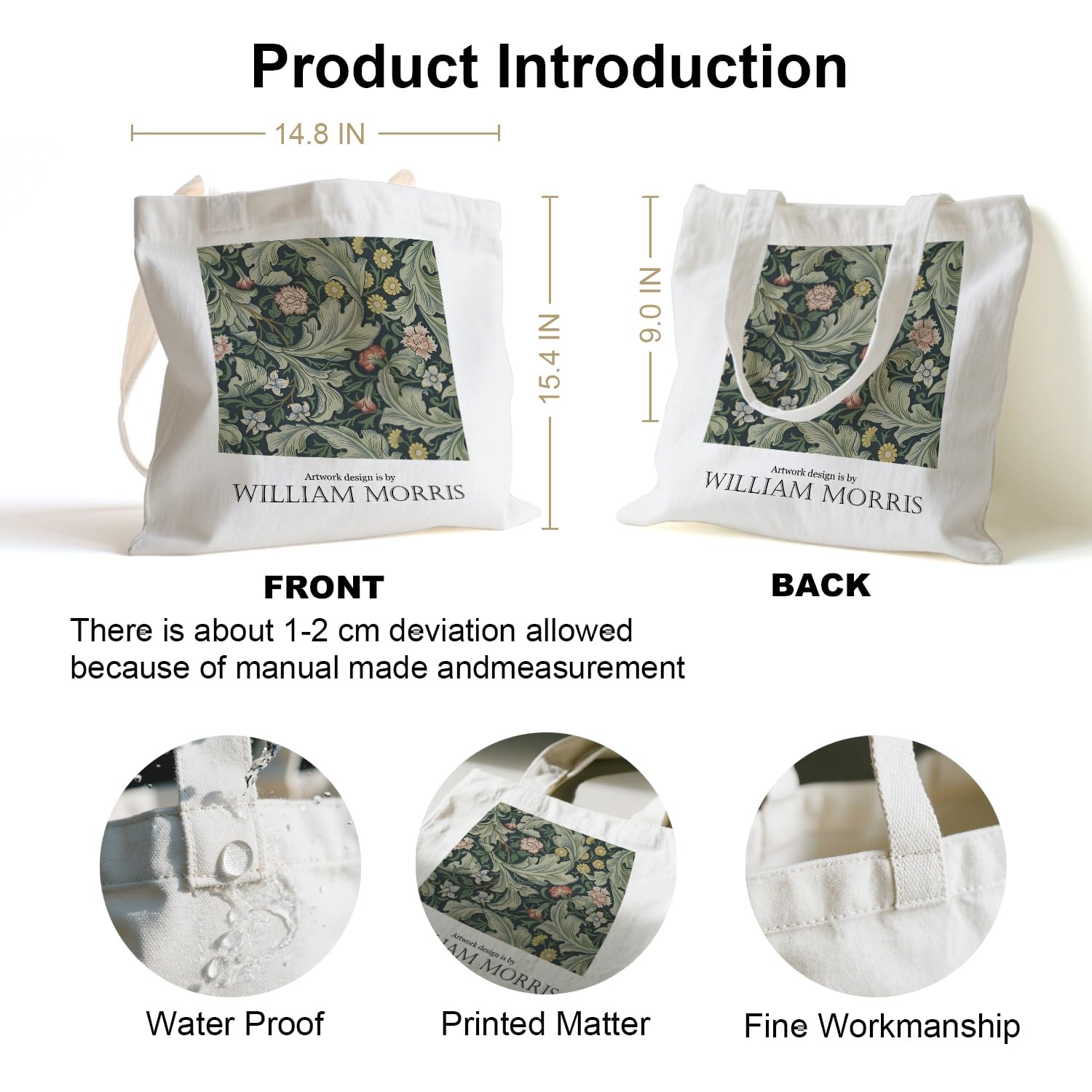 Vintage Green Floral Canvas Tote Bag, William Morris Leafy Art Shoulder Bag,G…