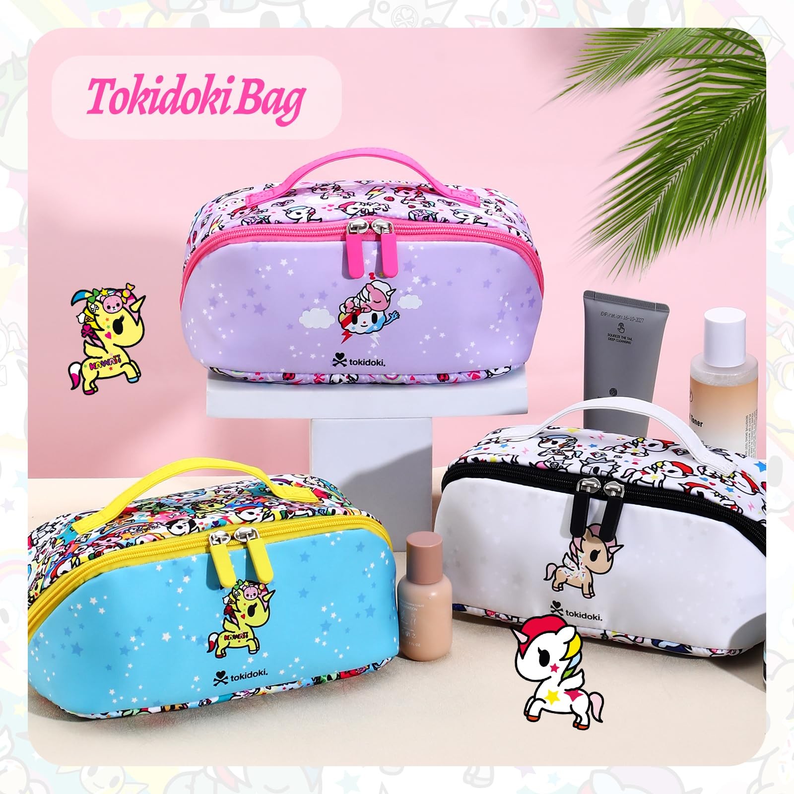 tokidoki Lay Flat Makeup Bag,Large Capacity Unicorno Travel Bag Pink