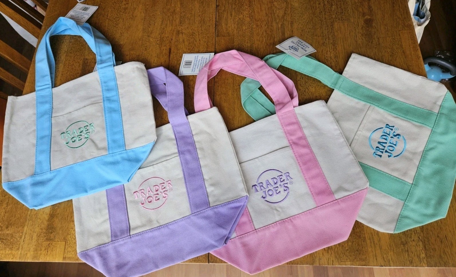 Trader Joes 4 Set Mini Pastel Canvas Tote Bag Blue Pink Purple Green 🇺🇲 Seller