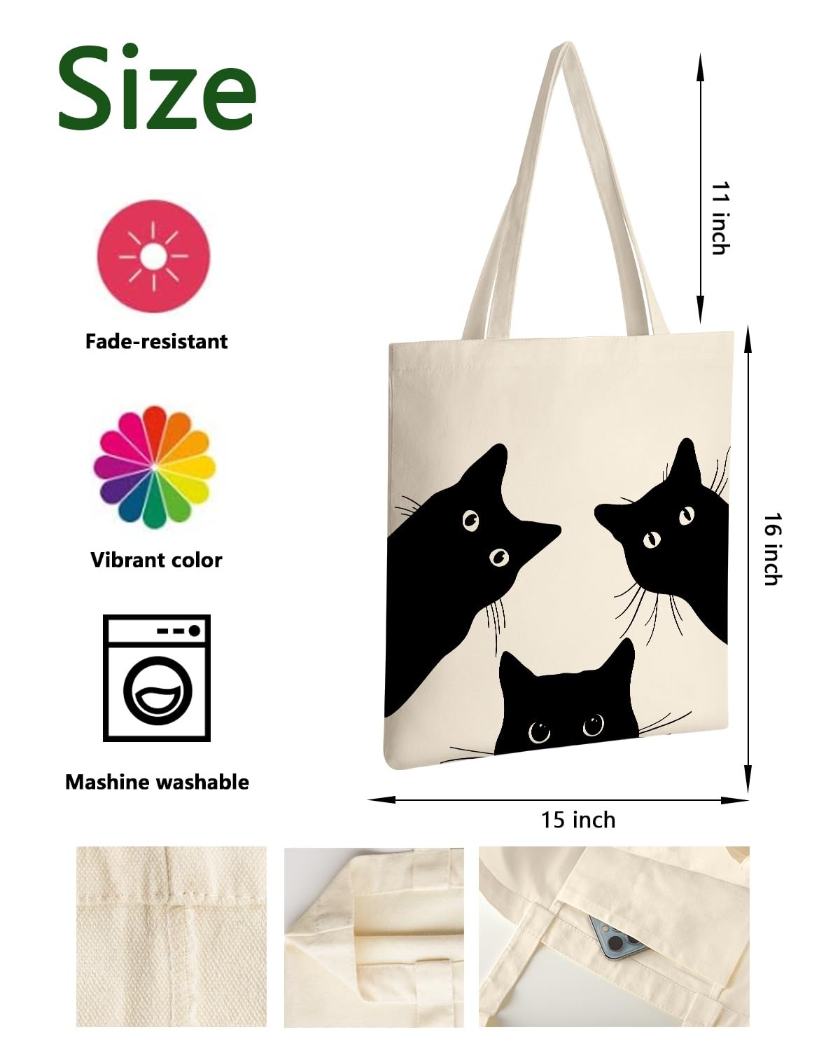 Canvas Tote Bag Aesthetic for Women, Cute Cat Reusable Cotton Cloth Cotton Ba