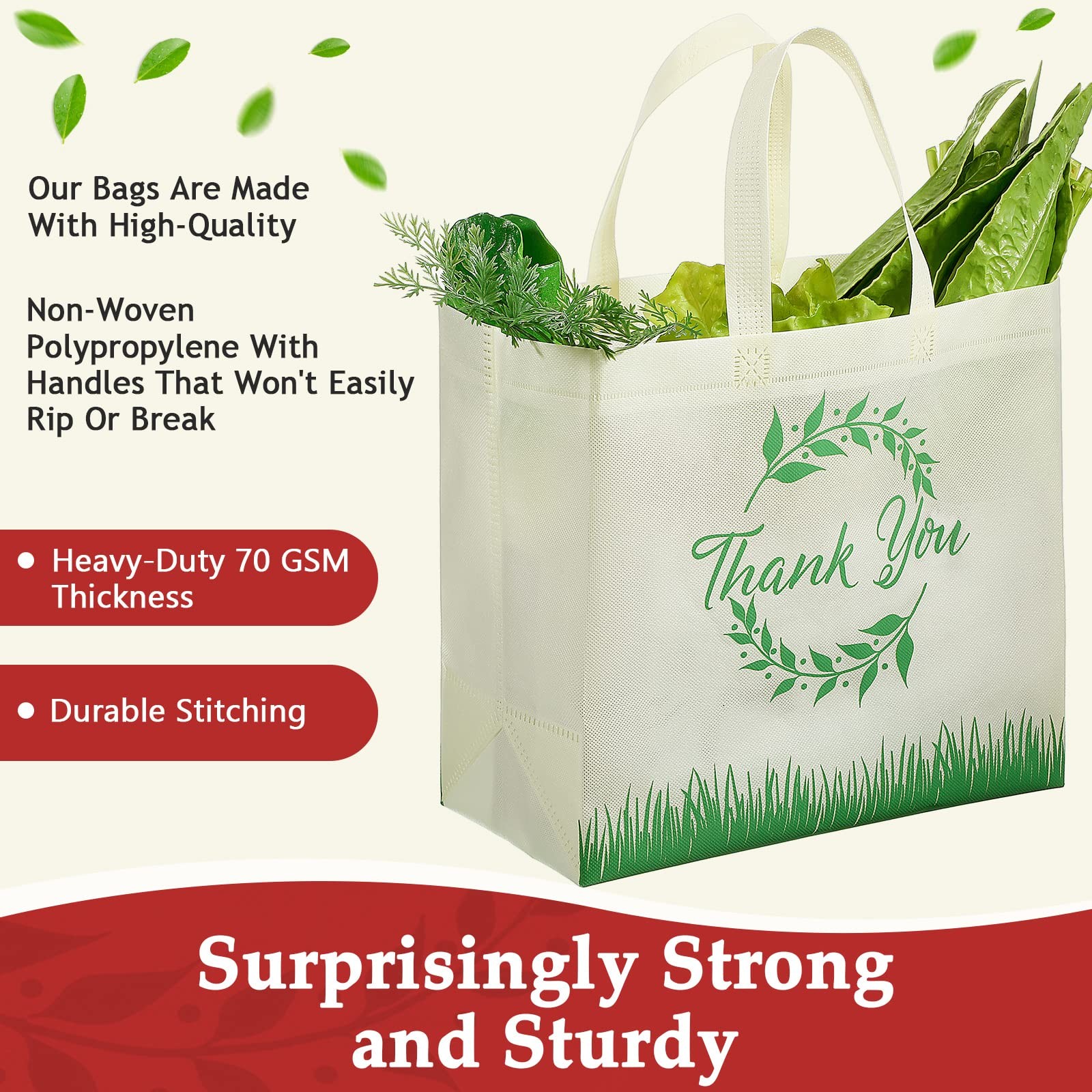 50 PCS Thank You Tote Bags Reusable Non Woven Foldable 12.6 x 6.3 x 11.8 Inch
