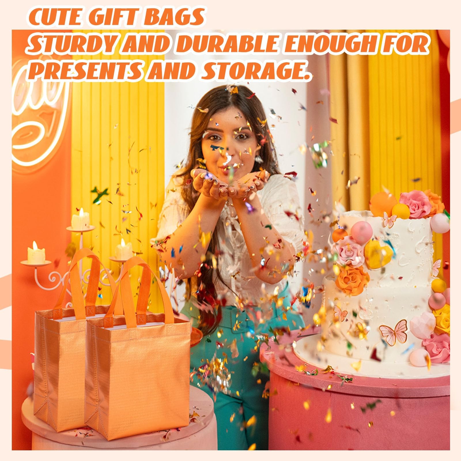 80 PCS Orange Glossy Reusable Gift Tote Bags Handles 10x8x4.7 Inch Grocery