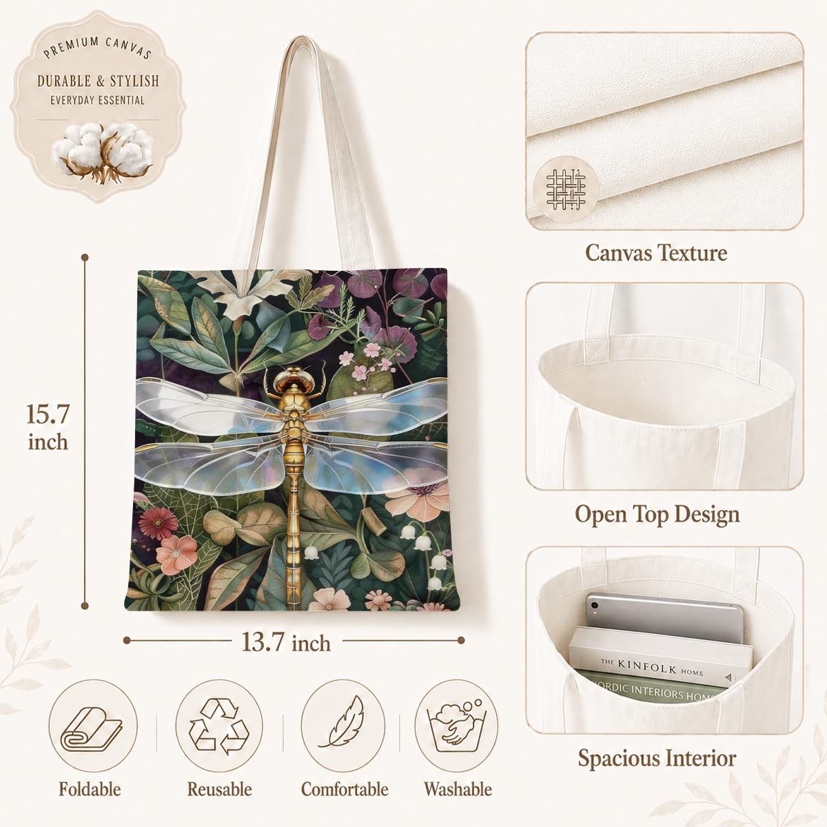 Dragonfly Canvas Tote Bag for Women, Reusable Grocery Shoulder Shopping Bags,…