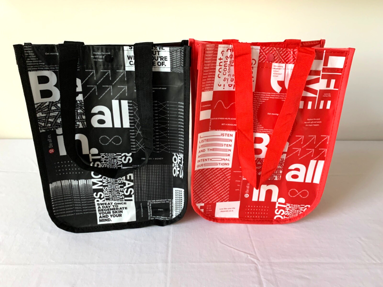 Lot of 2 Lululemon Reusable Shopping Bags 1) Red 1) Black with Snap / Handles