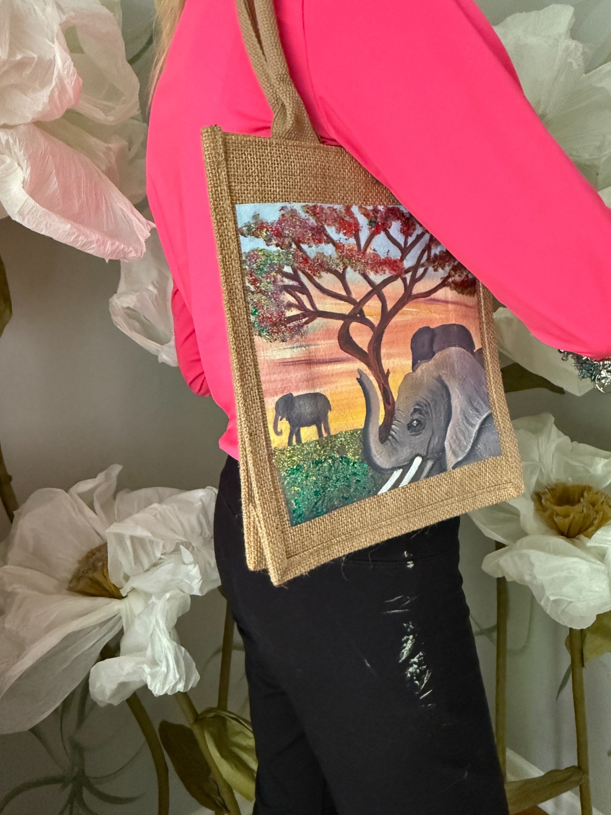 Hand-Painted Tote Bag Limited Edition Reusable Canvas Elephant Sunset Wearable