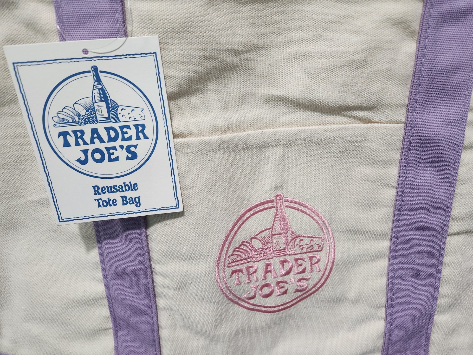 TRADER JOE’S LARGE CANVAS PURPLE NWT TOTE LAVENDER 2026 VIRAL SHOPPING BAG NEW