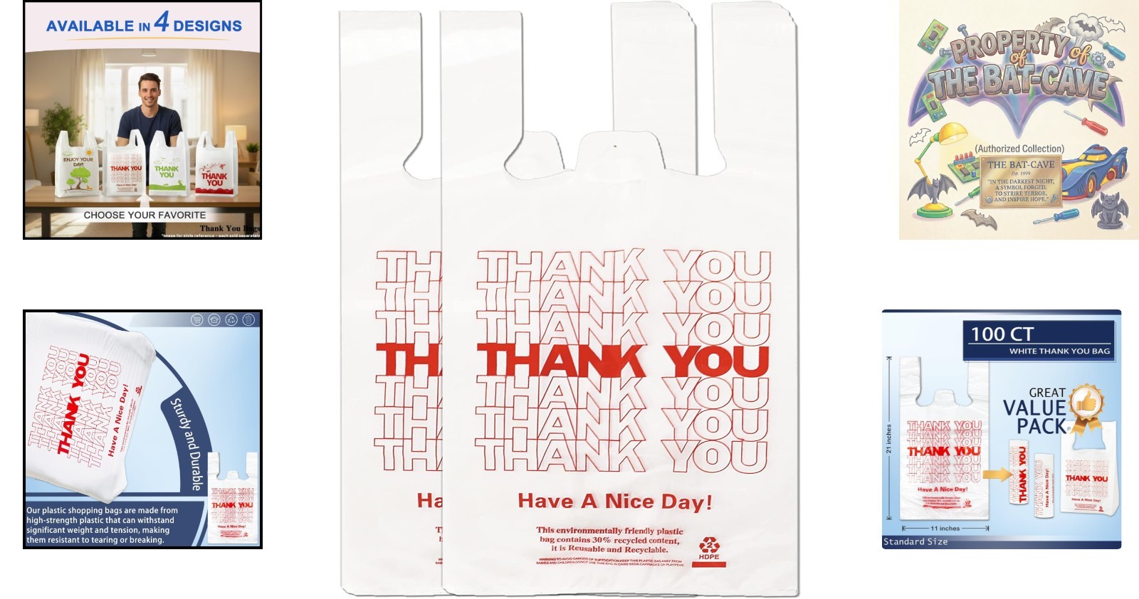 High-Density White Shopping Bags – 100-Pack Thank You T-Shirt Style for Retail