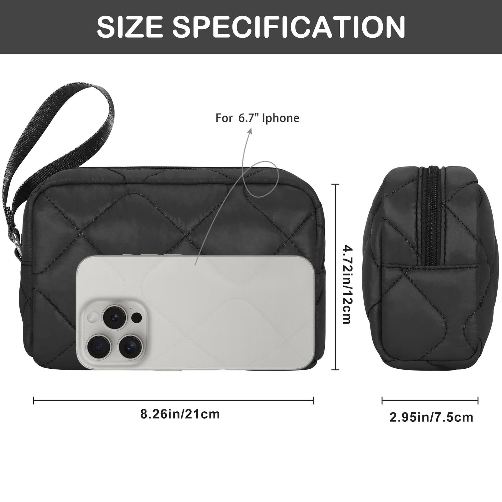 DOB SECHS Quilted Makeup Bag, Zipper Cosmetic Travel Toiletry Black