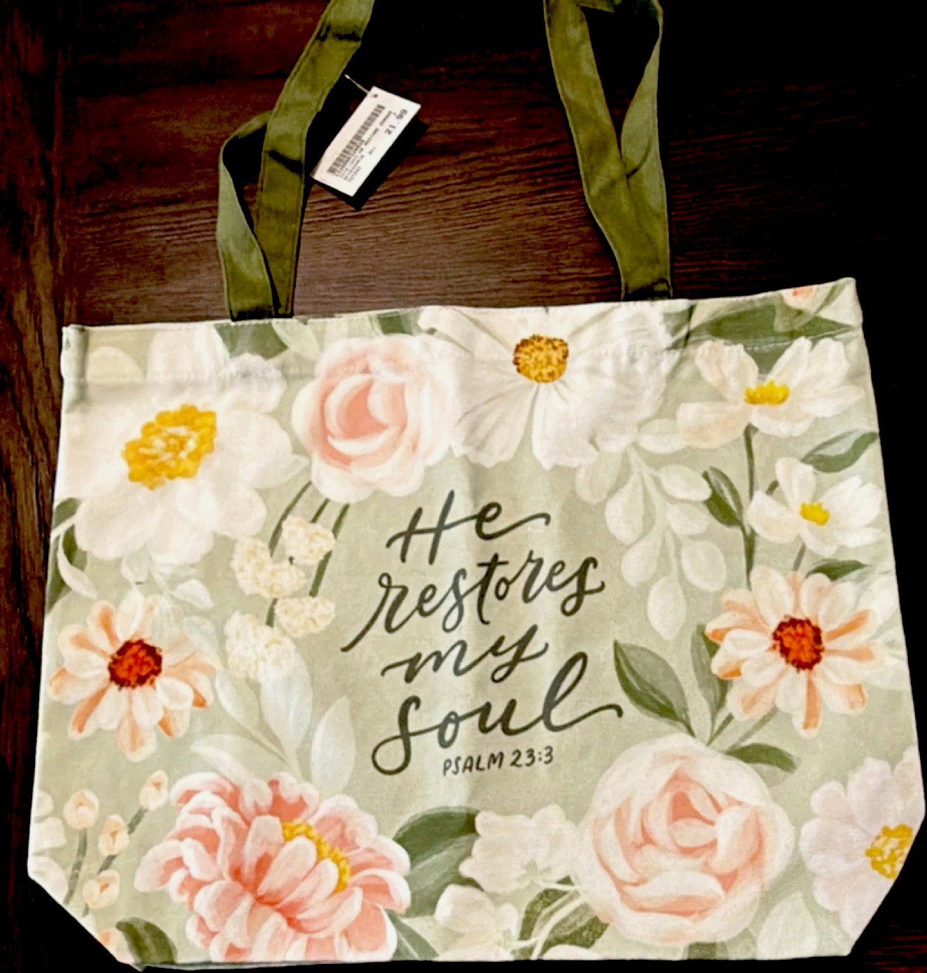 Christian Art Gifts Canvas Floral Tote Bag He Restores My Soul 16x4x12in