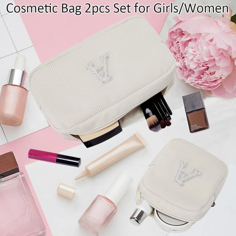 Meisohua 2 Pieces Personalized Initial Makeup Bag for Women one size, Beige