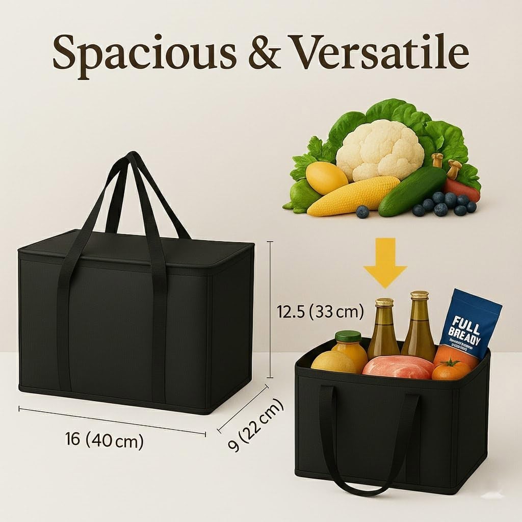2-Pack, XL-Large Insulated Grocery Shopping Bags, Black, Reusable Bag,Thermal…