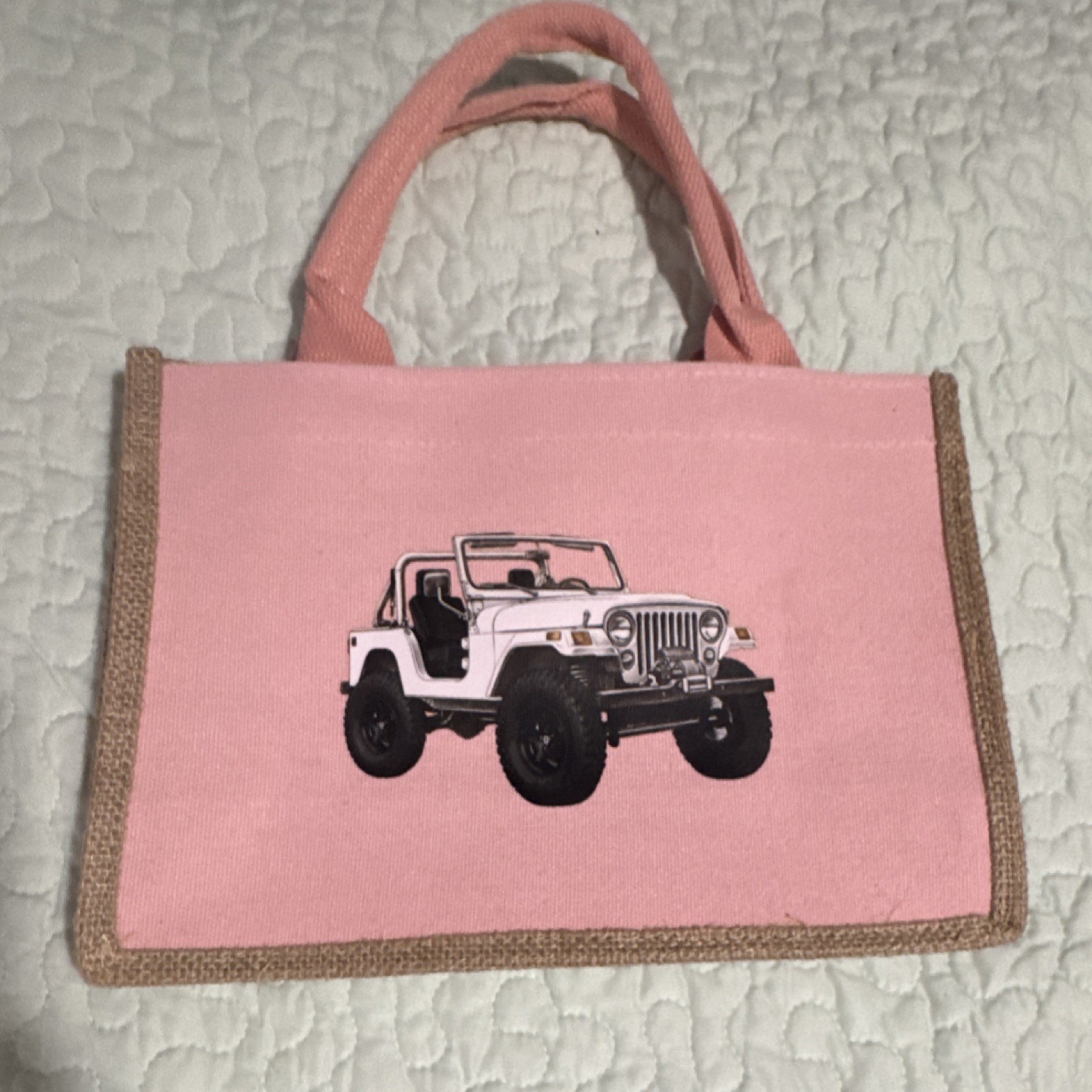 Pink Foldable Canvas Jute Reusable Shopping Bag with Vehicle Print