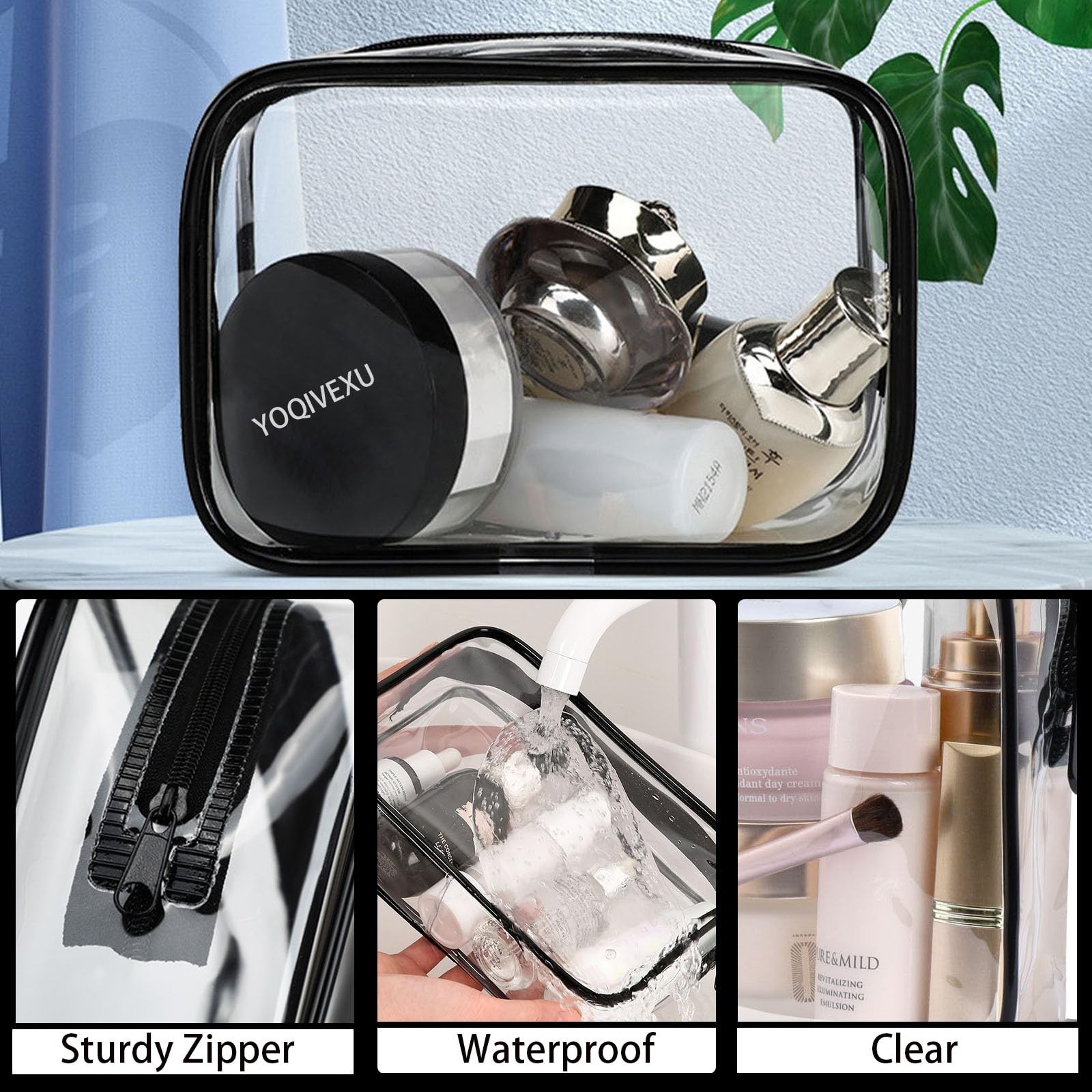 YOQIVEXU 6 Pieces Clear Cosmetics Bag Bulk, TSA Approved Large, Black