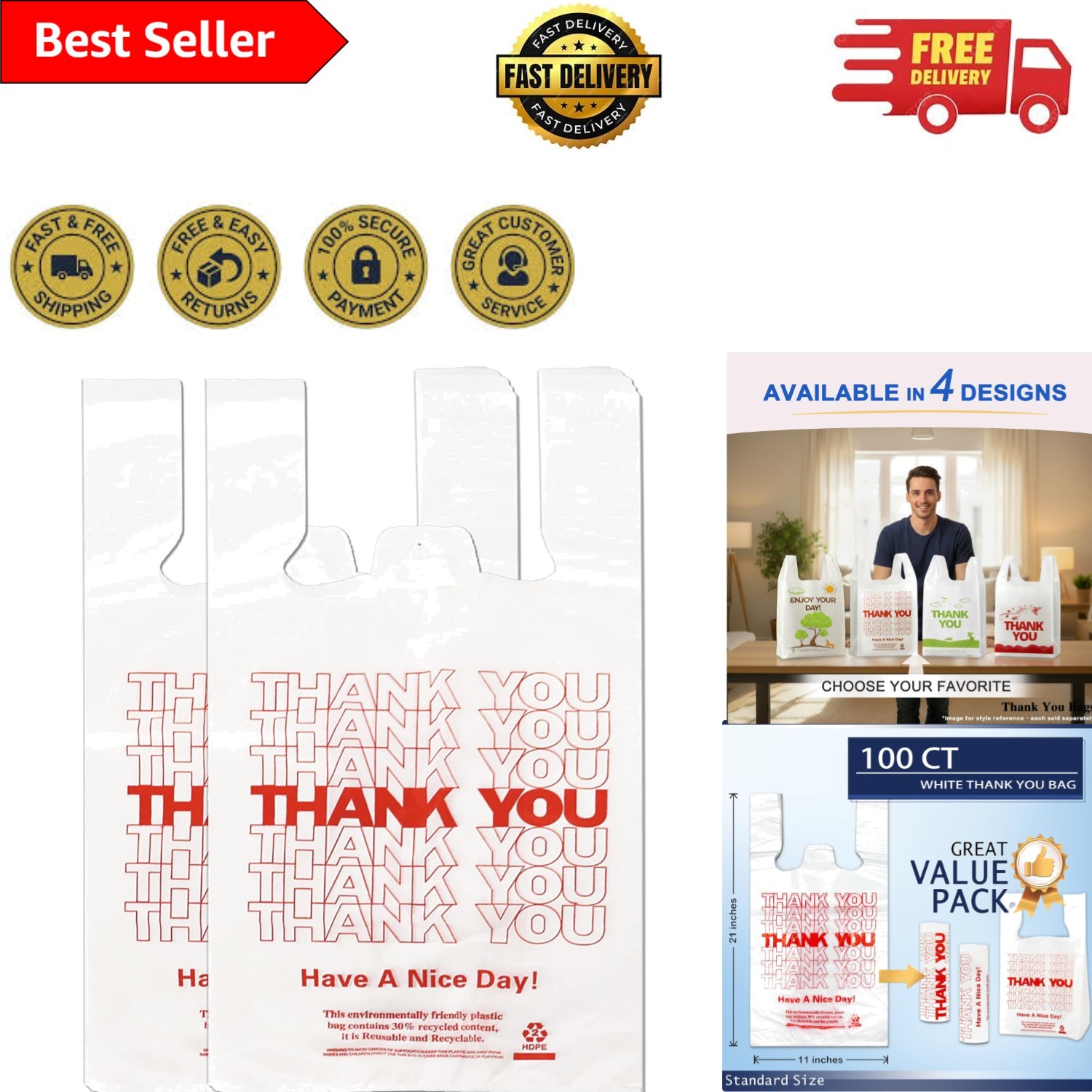Multipurpose White Thank You Bag – 11”x6”x21” for Shop Owners – 100PCS