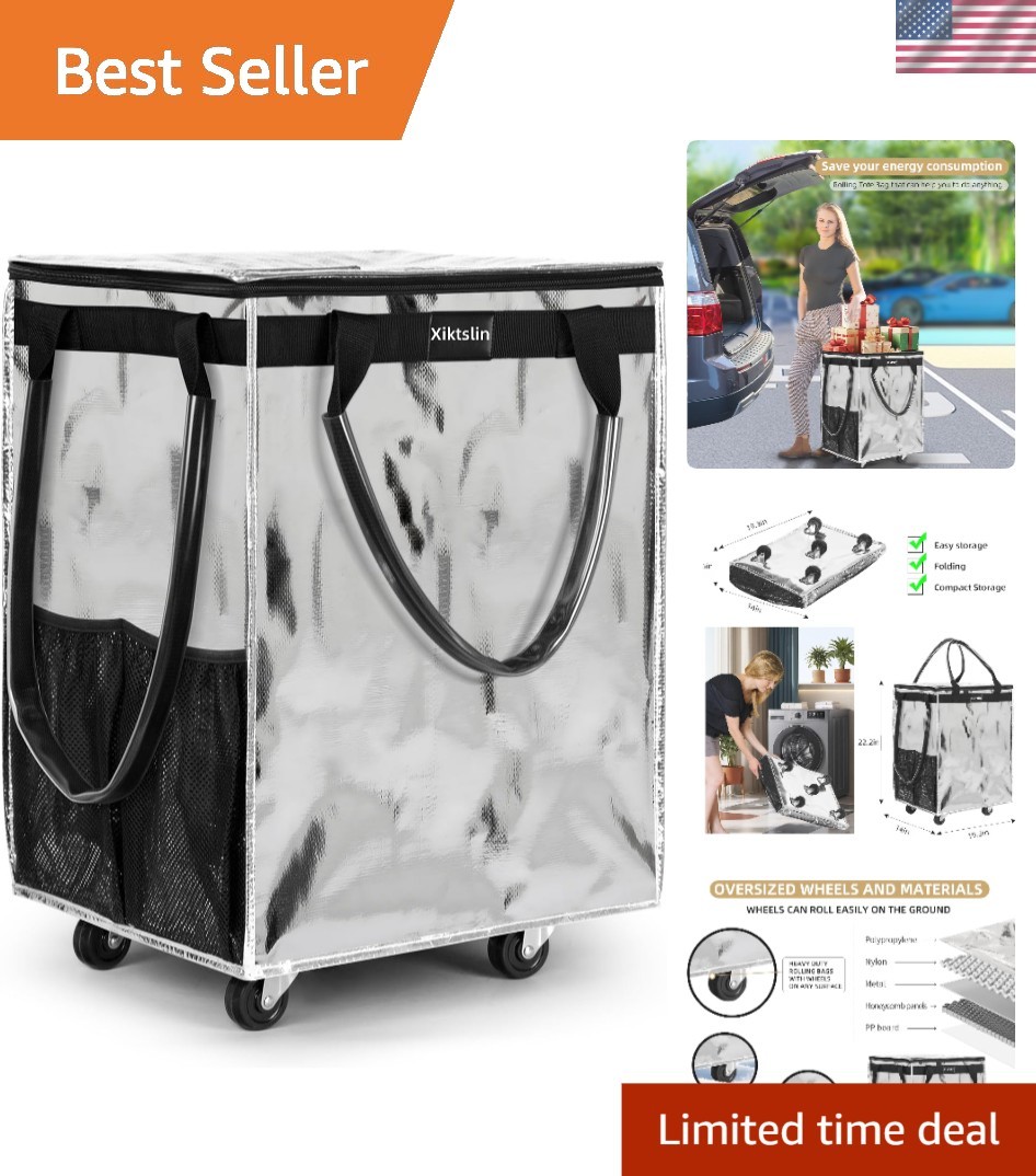 Luxury Large Silver Grocery Tote on 5 Wheels – Zipper Closure, 76lb Capacity