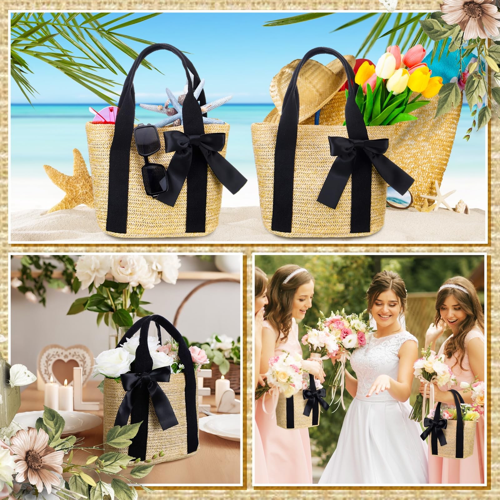 6 PCS Bridesmaid Straw Beach Bags Woven Burlap Tote Handle Ribbon Black