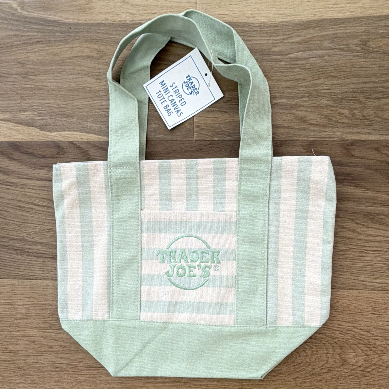 Trader Joe’s Crew Mini Canvas Tote Bag Green/White Striped, 13x6x10 in- IN HAND