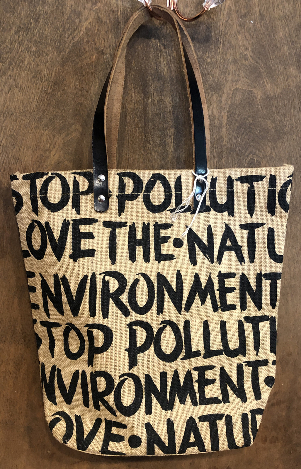 New Burlap Bag Tote Leather Straps Stop Pollution Love Nature the Environment