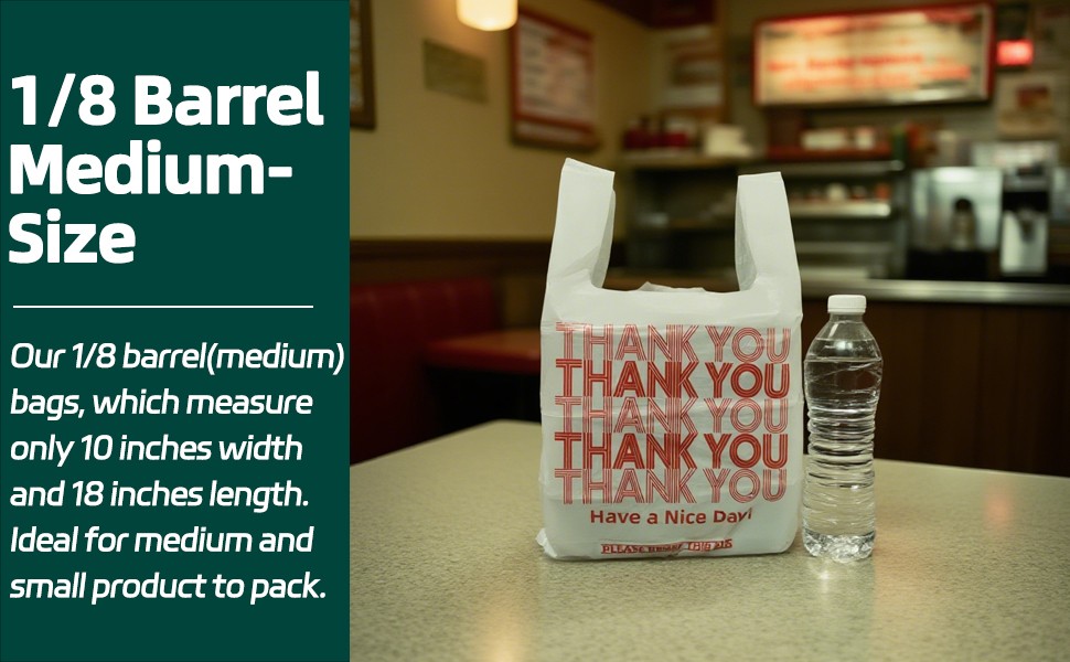 Medium Size 100 Count Plastic Bags with Handles, T-Shirt Bags, Thank You bags,