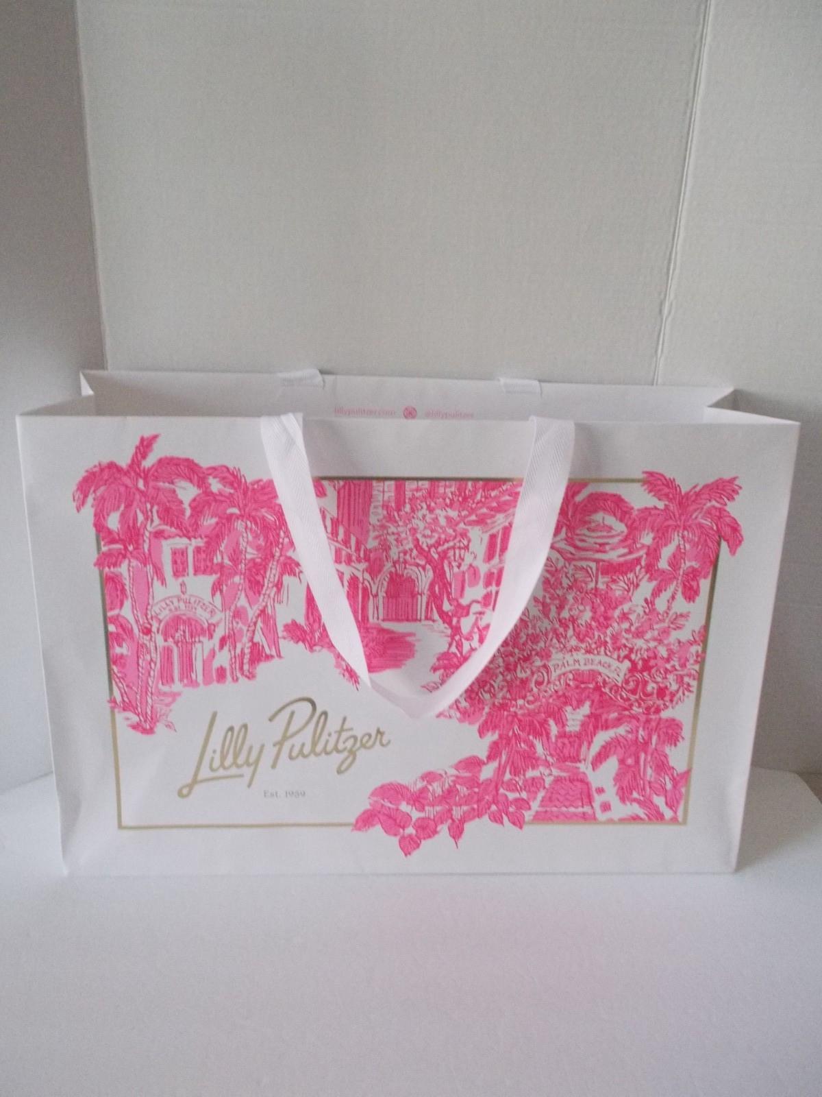 NEW LILLY PULITZER Pink & White Print LARGE Shopping Bag Tote 21.5 x 14.75 x 6.5