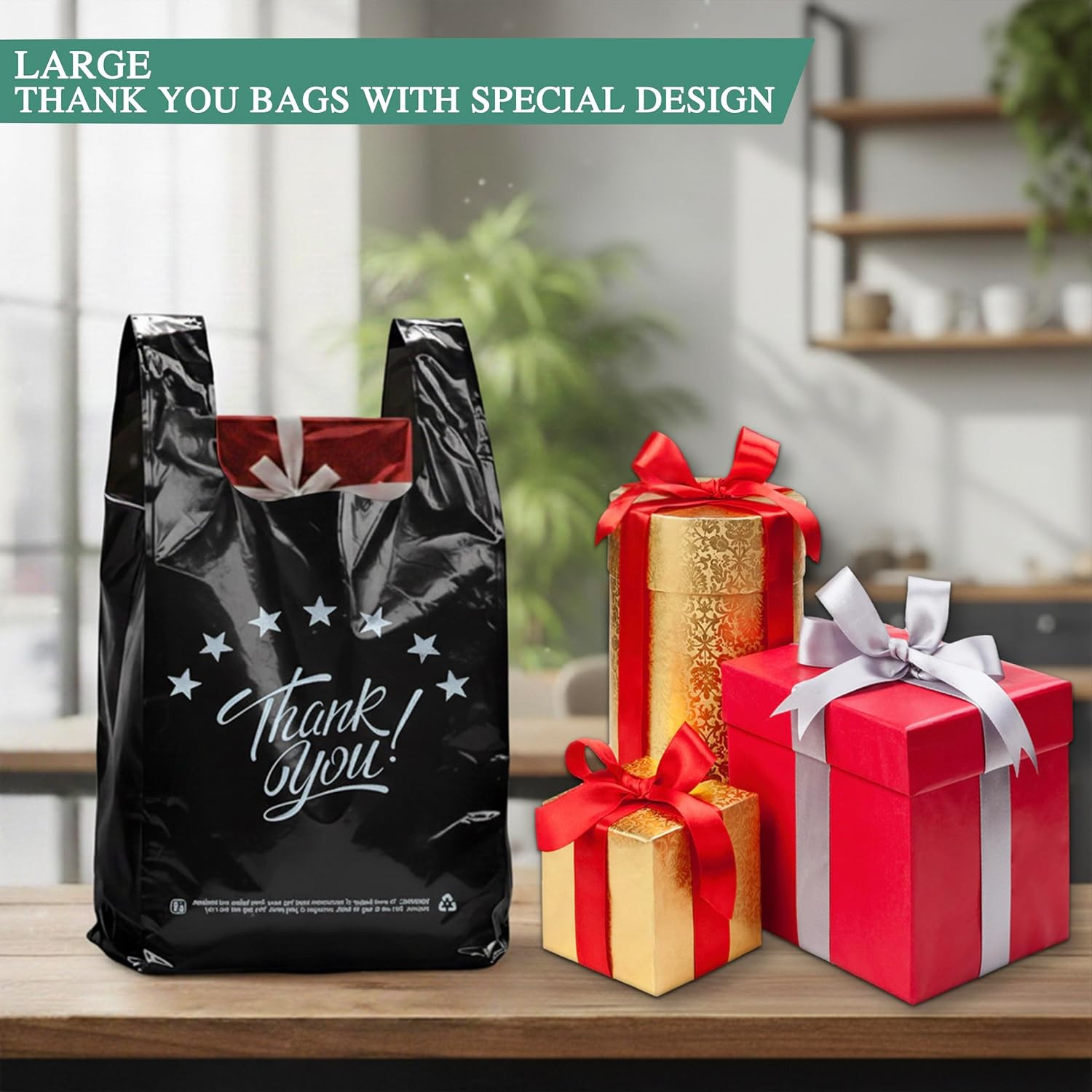 Black Thank you T shirt bag, Grocery shopping bag Reusable and Disposable Superm