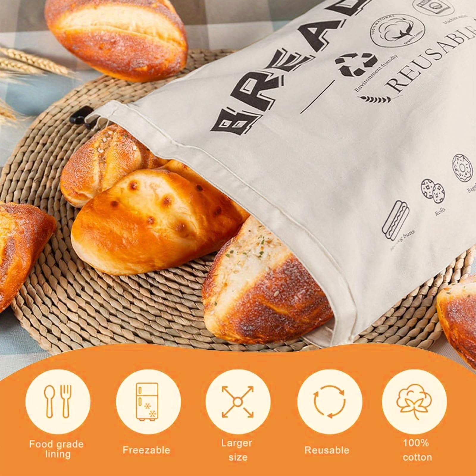 2 Pack Reusable Beeswax Bread Bags, 17 x 12 Inch Natural 43 x 30 cm, White