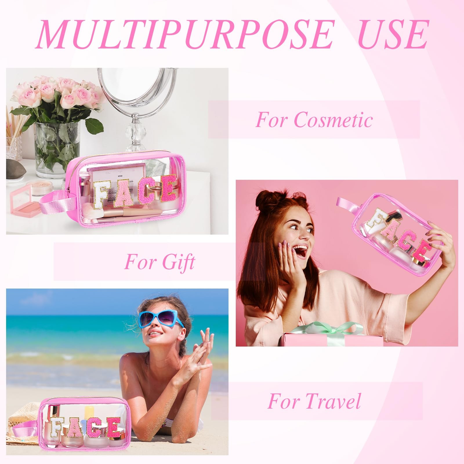 Kacctyen Letter Clear Makeup Bags Face Pouch Pink Preppy Patch Medium,