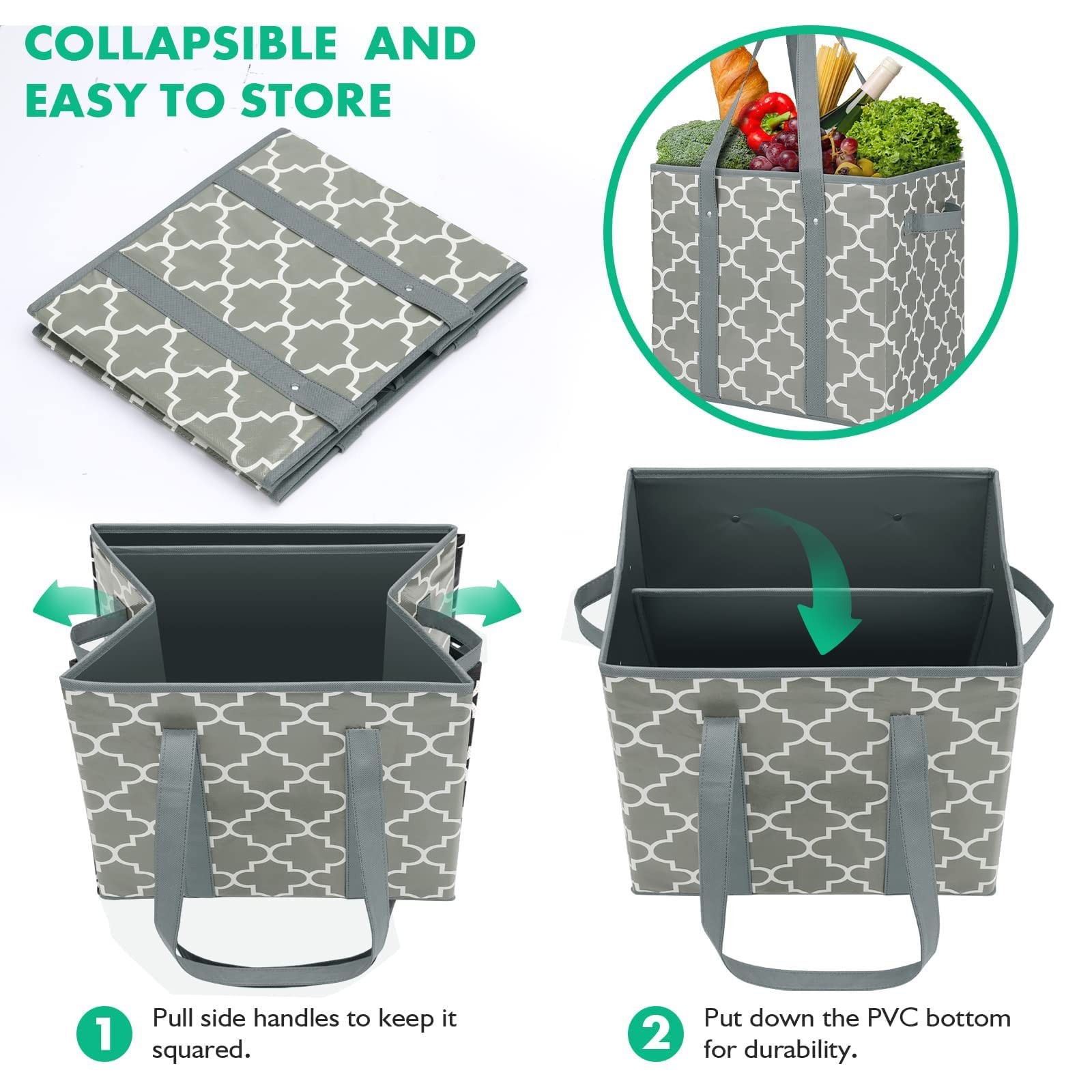 WISELIFE 3-Pack Reusable Grocery Bags Foldable Washable Storage Bins Basket W…
