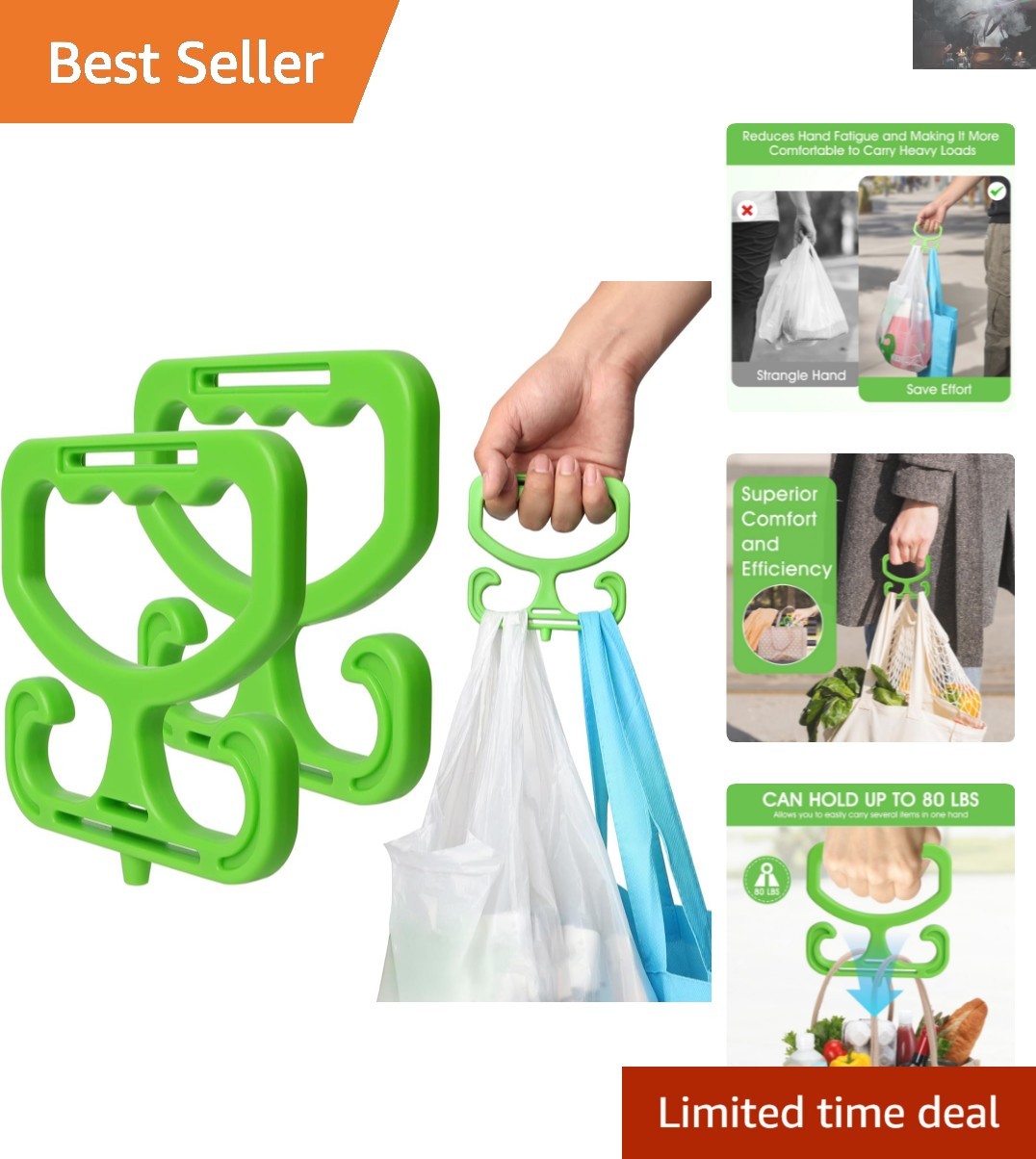 Heavy Duty 2 Pack Grocery Bag Carrier – Comfortable Grip, Holds 80 lbs. Green