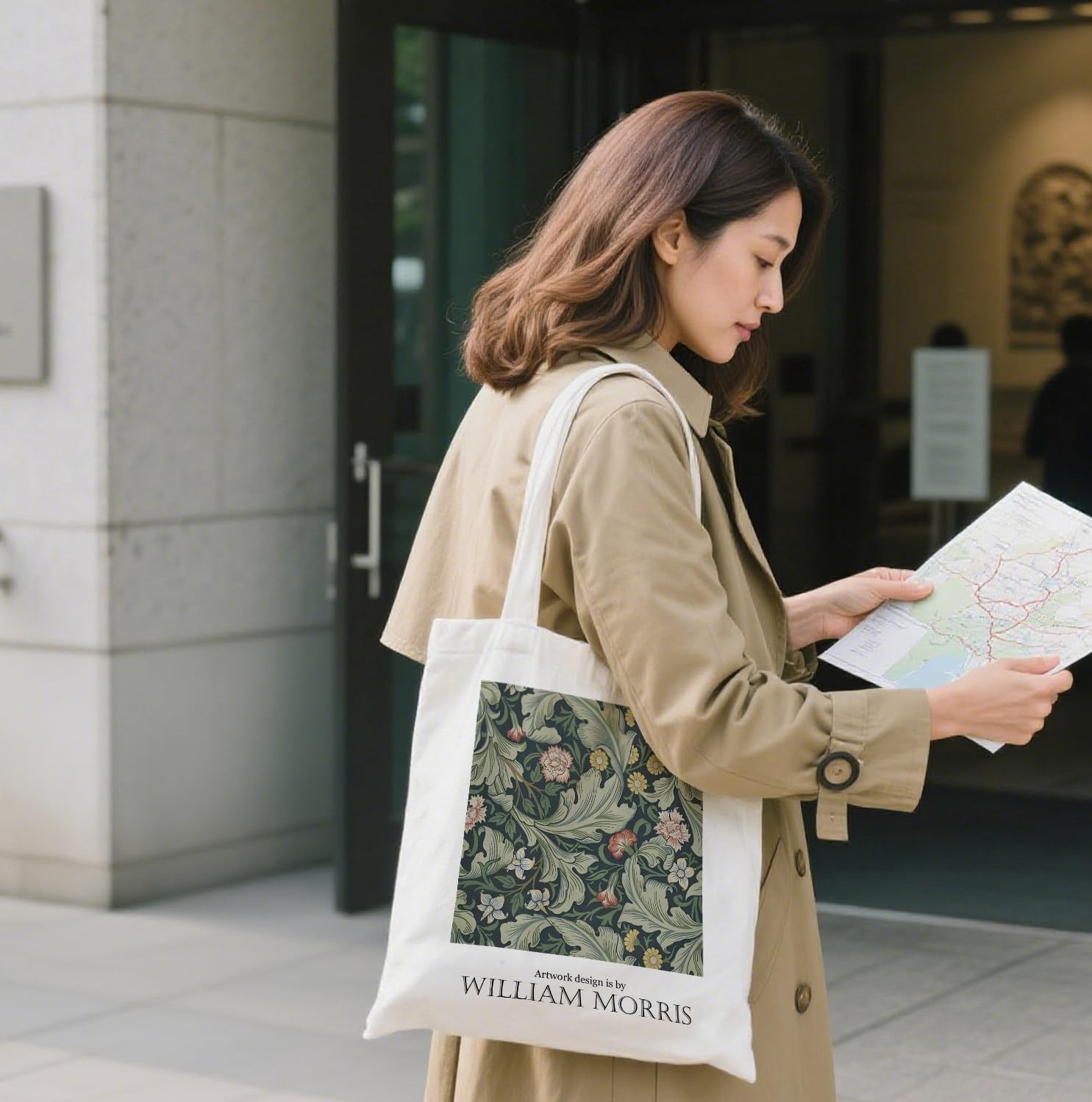 Vintage Green Floral Canvas Tote Bag, William Morris Leafy Art Shoulder Bag,G…