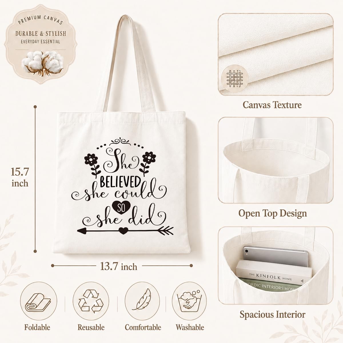 Canvas Tote Bag for Women, She Believed She Could so She did Shoulder Tote Ba…