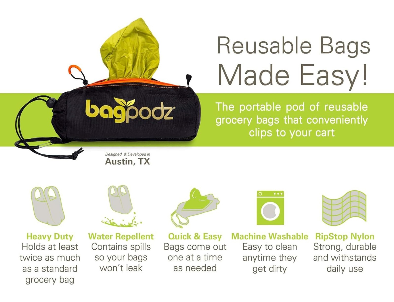 BagPodz Sturdy Reusable Grocery Bags Foldable and Washable – Made From RipSto…