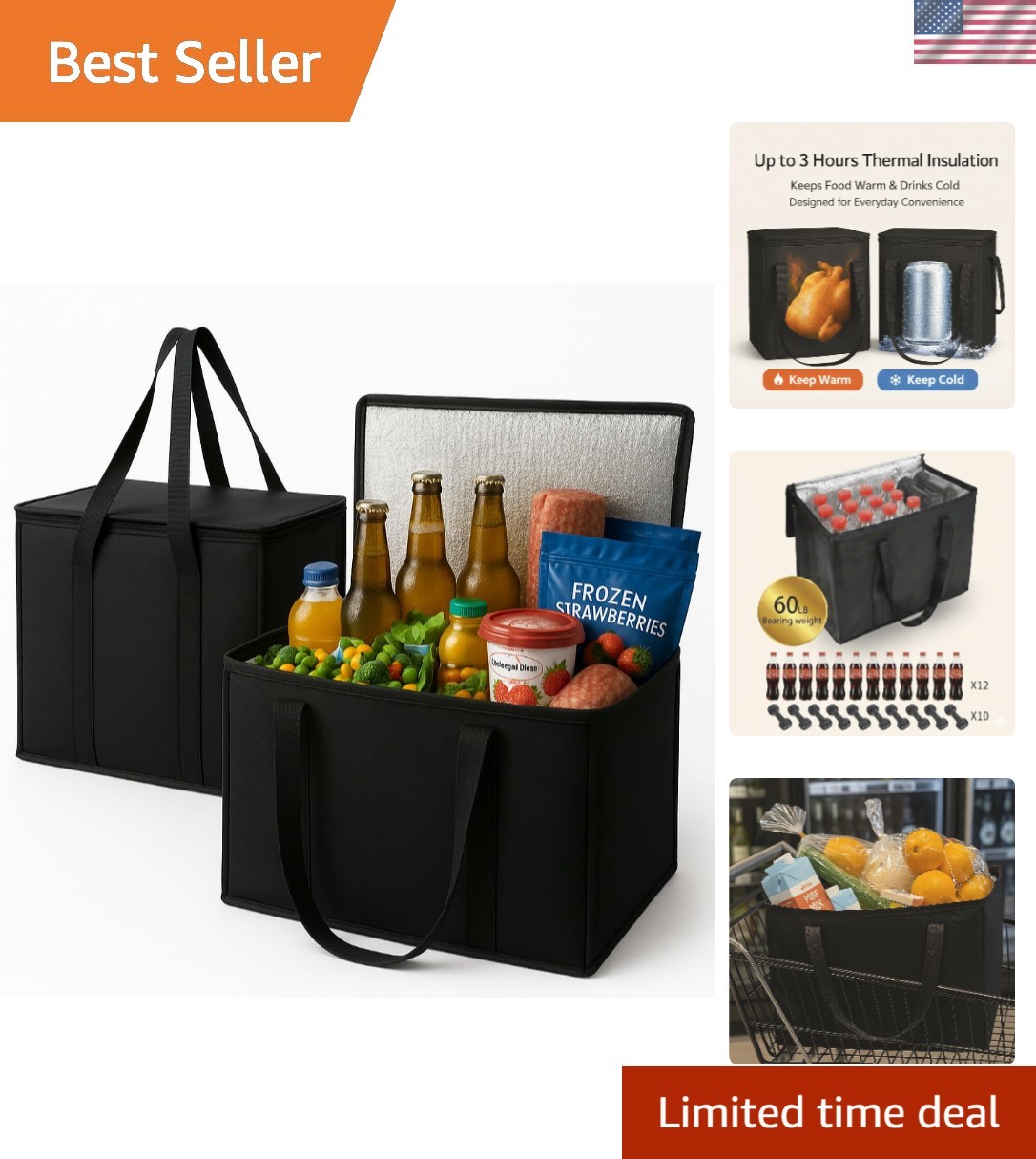 2-Pack, XL-Large Insulated Grocery Shopping Bags, Black, Reusable Bag,Thermal…