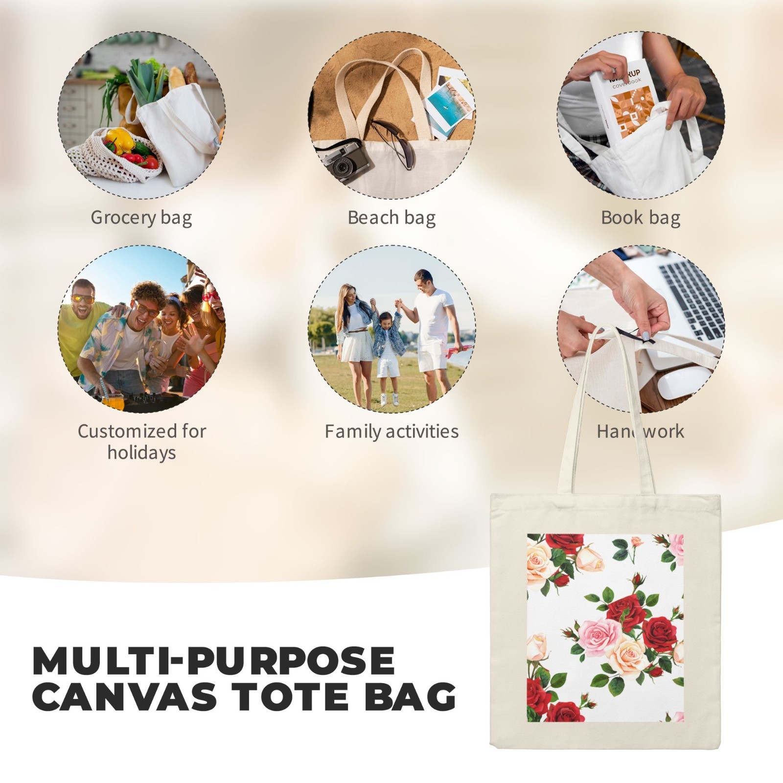 Watercolor Roses Large Canvas 14×16 Inches Ivory White Shopping Bags