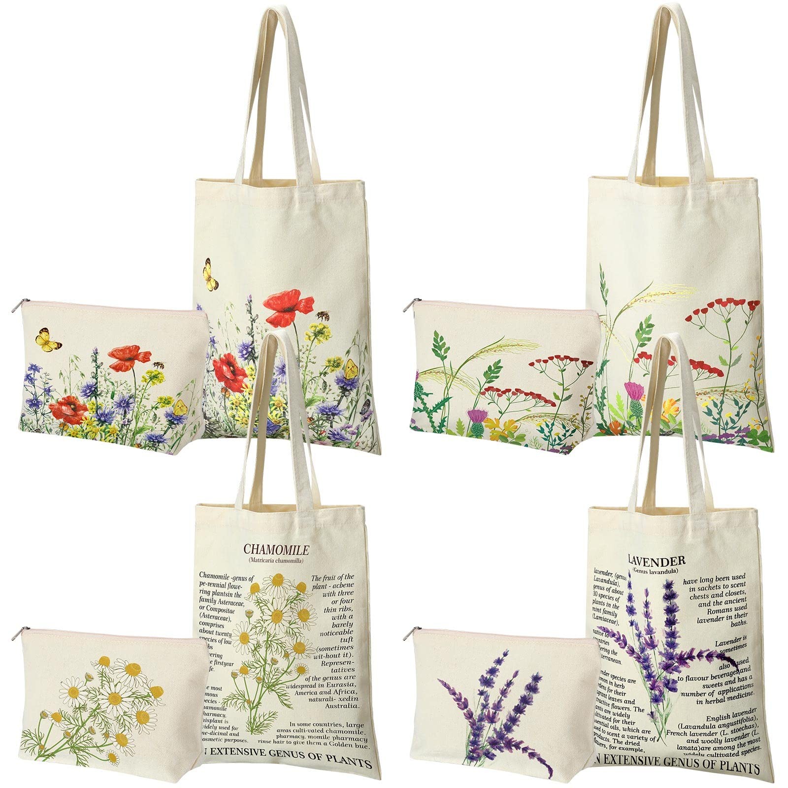 8 Pcs Floral Tote Bag and Makeup Bag Set Reusable Wildflower Canvas Tote Wome…
