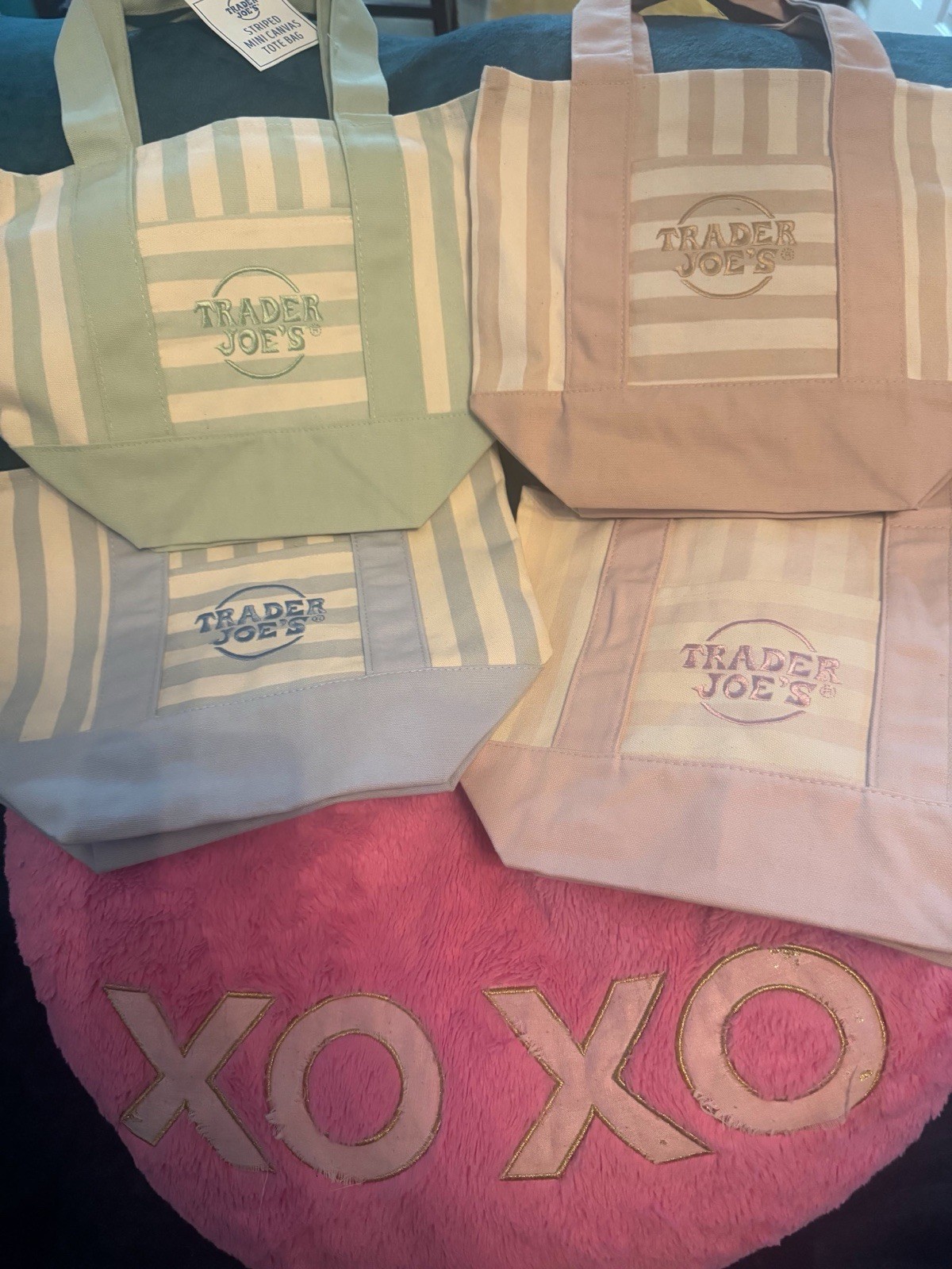 4 pcs Trader Joe’s Stripe Multicolor Mini Tote Bag 8x6x10 in Reusable Shopping
