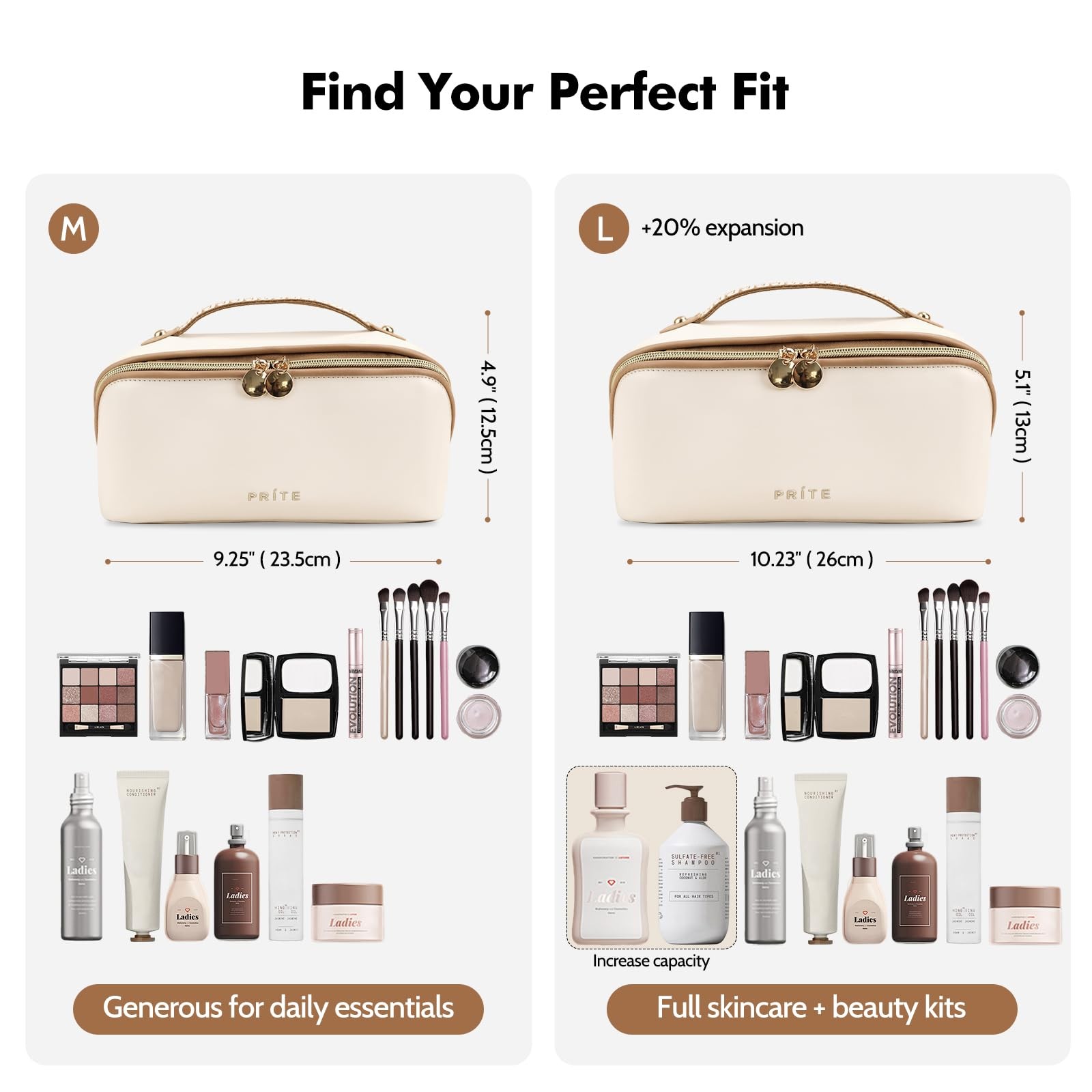 Prite Makeup Bag for Women Travel Waterproof Vegan Leather Medium, Beige