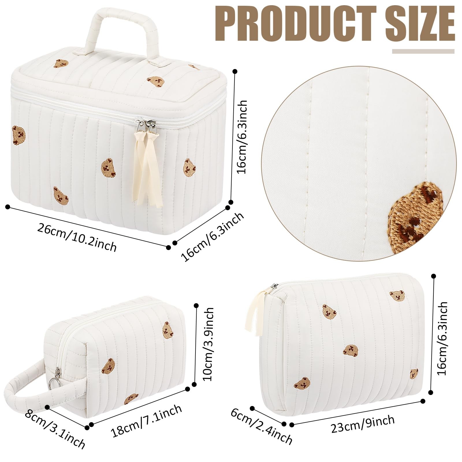 Paterr Makeup Bag Set 3 Pcs Large Quilted Cotton Make up Bags for Women White