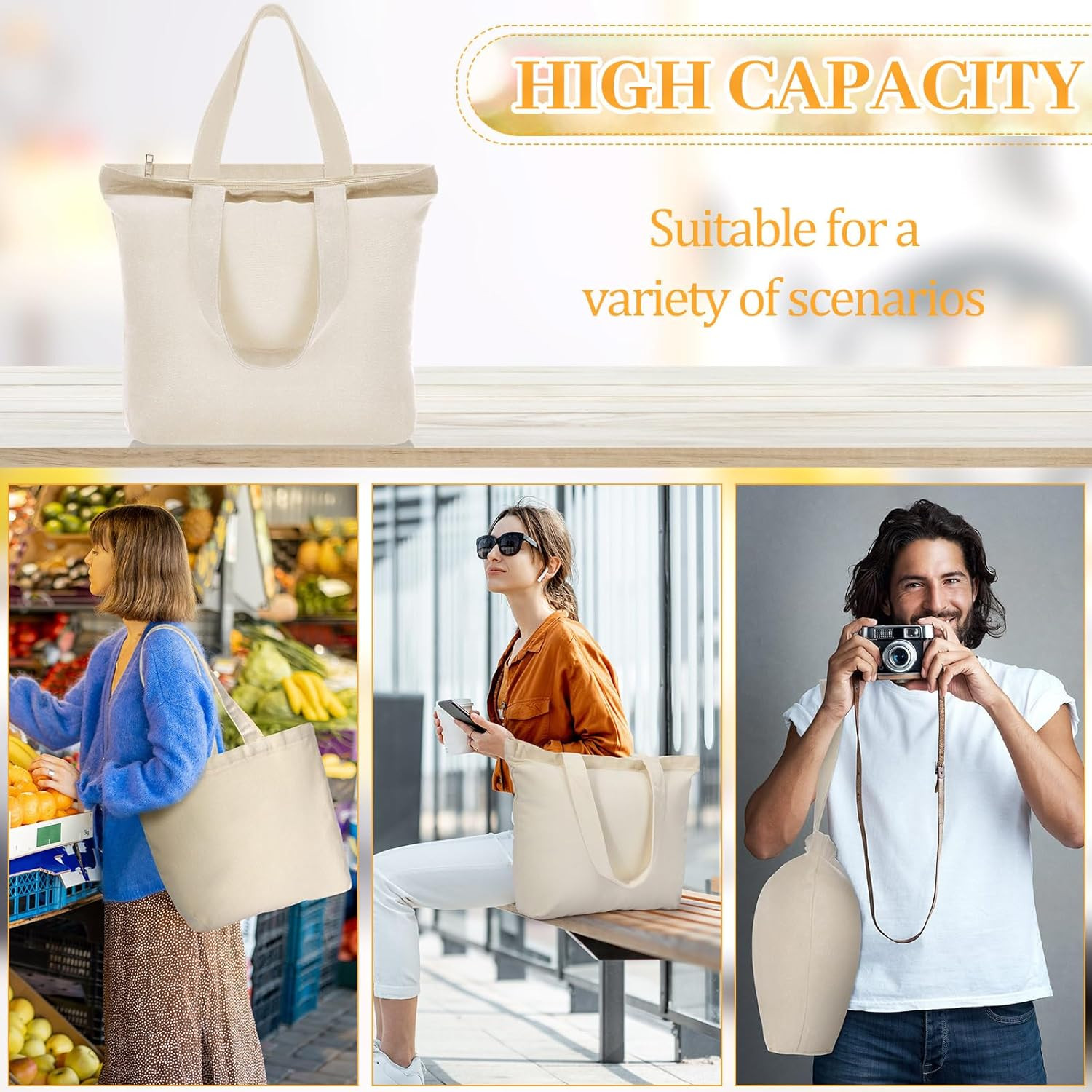 20 Pcs Canvas Tote Bags Bulk 16.5X13.4” Blank Cotton Canvas Bag with Zipper Han