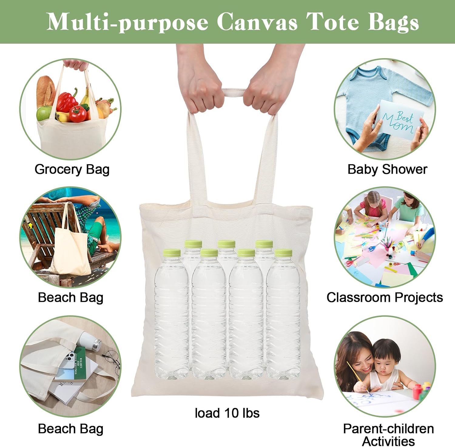 200 Pcs Blank Cotton Canvas Tote Bags Bulk Reusable Grocery Shopping Cloth Bags