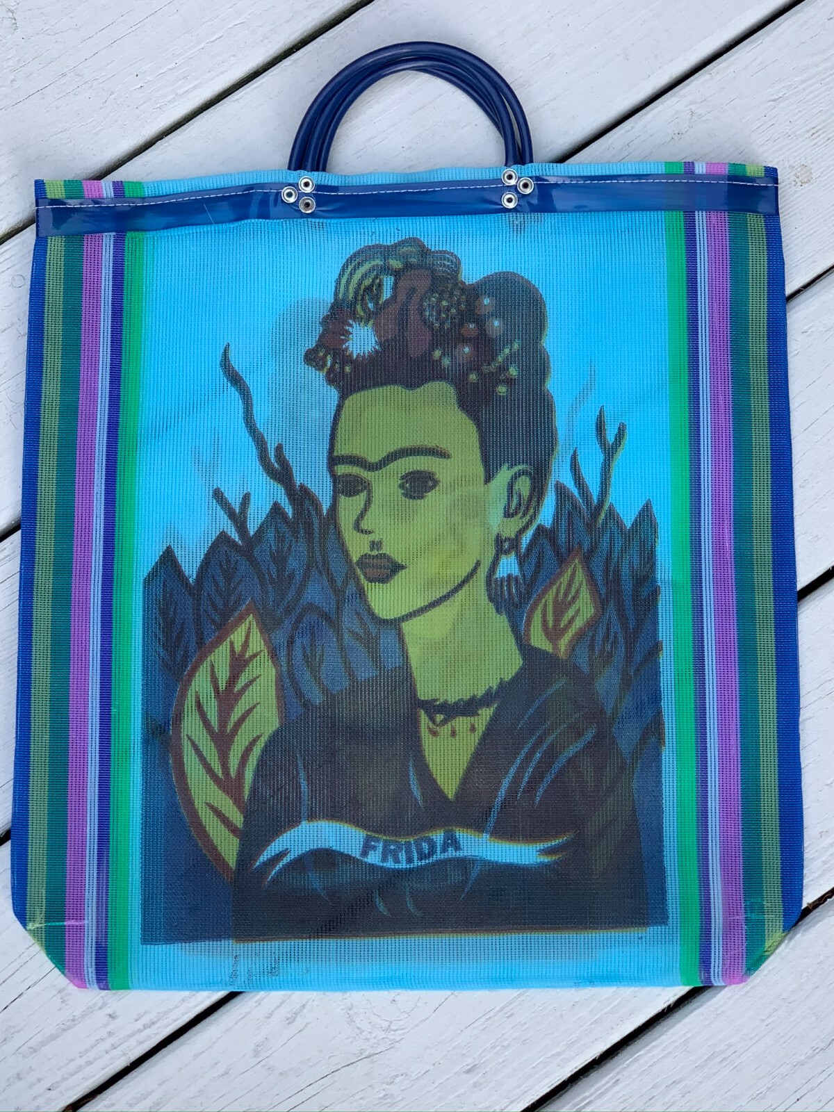 Frida Kahlo Mesh Mexican Market Bag Tote Recycled Plastic 18″x17″ Screen Print