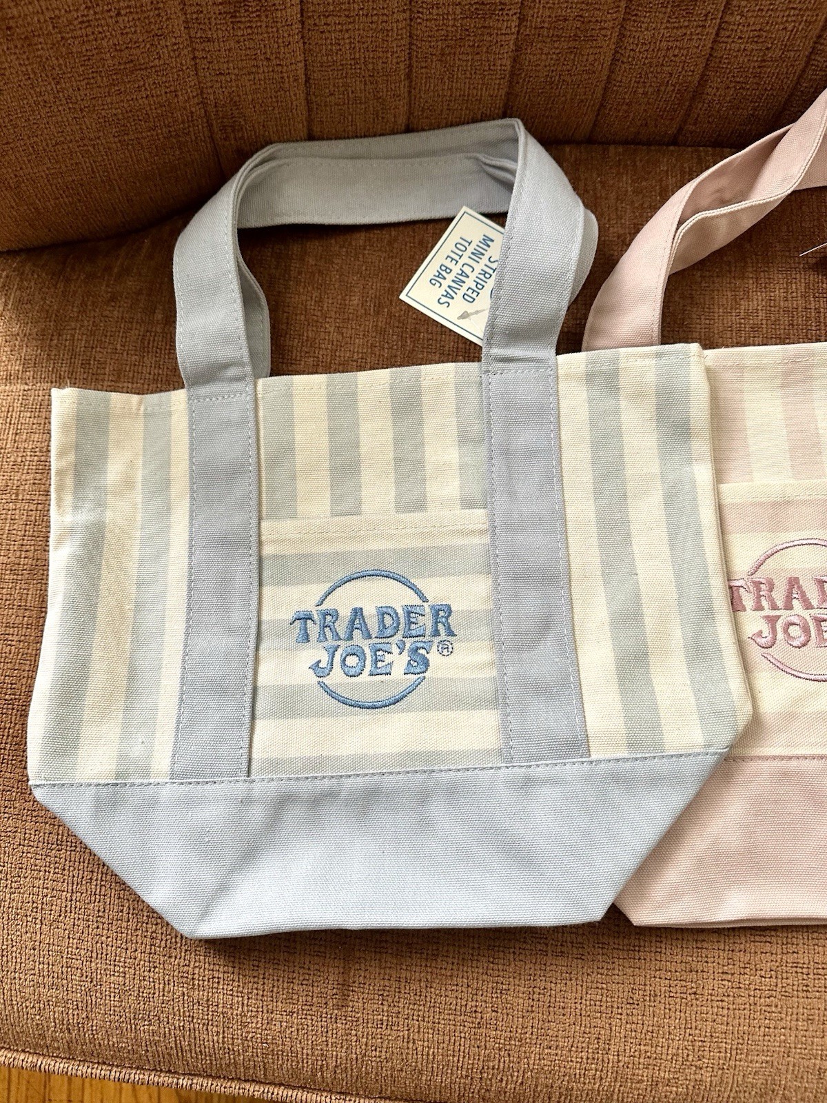 TRADER JOE’S MINI PASTEL STRIPE CANVAS TOTE BAGS SET Of 4 PINK BLUE GREEN BEIGE
