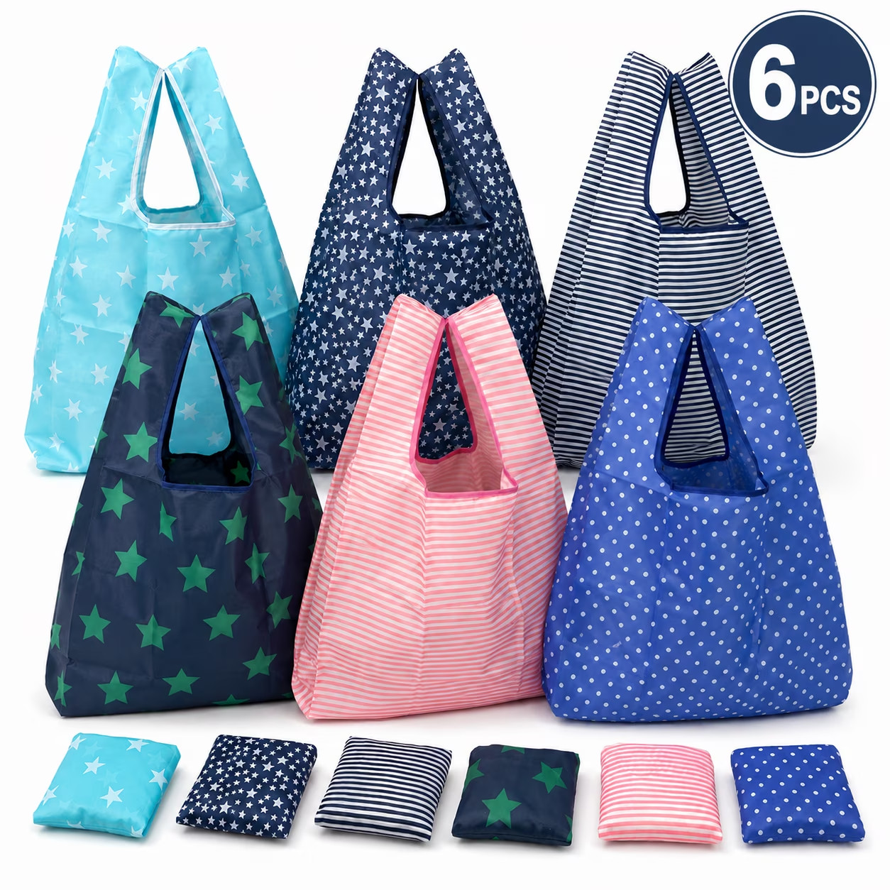 6 Pack Reusable Shopping Grocery Bags with Pouch Foldable, Washable , 35LB Weigh