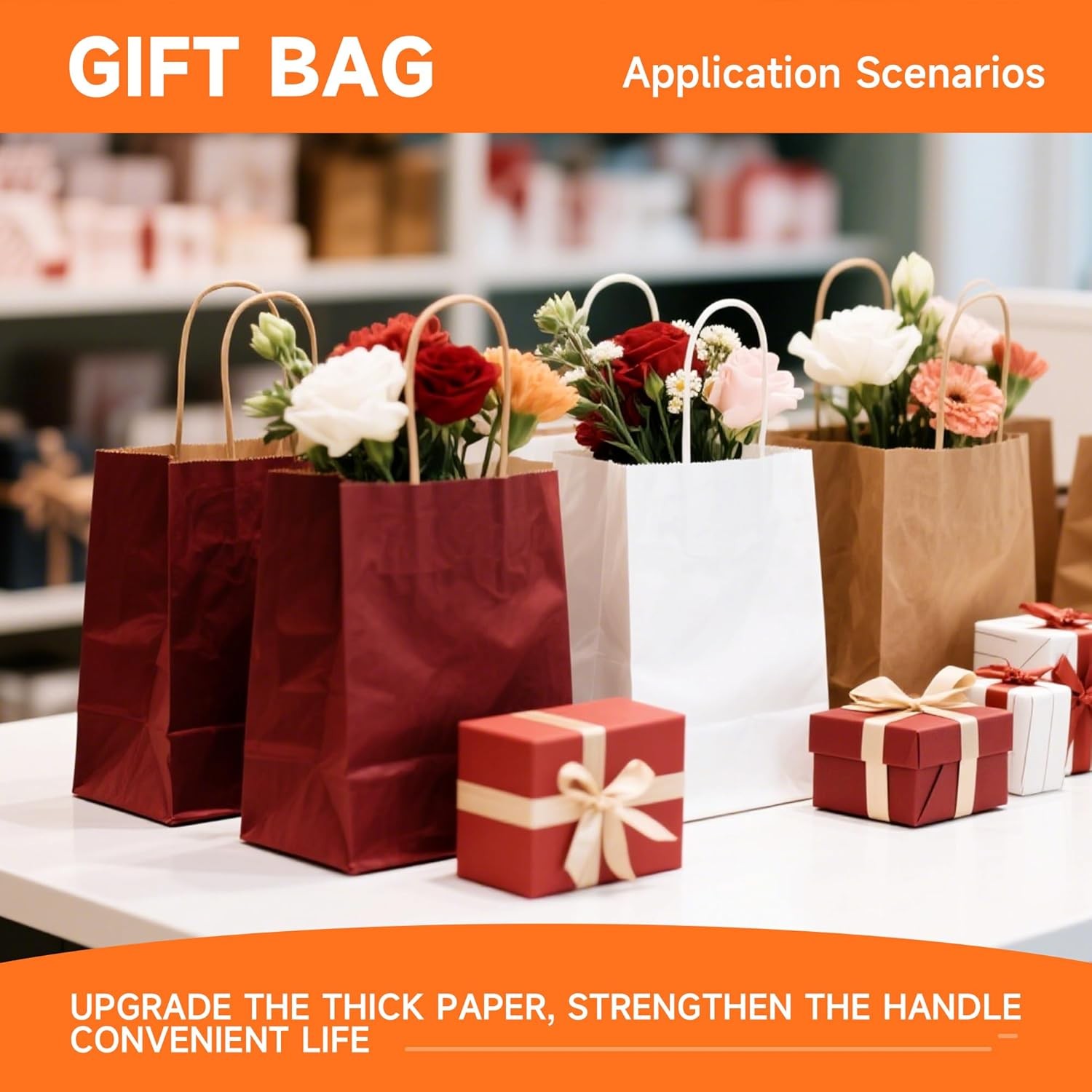 Brown Paper Bags with Handles in Bulk, 50pcs Kraft Paper Bags 8×4.5×10.8 inch,