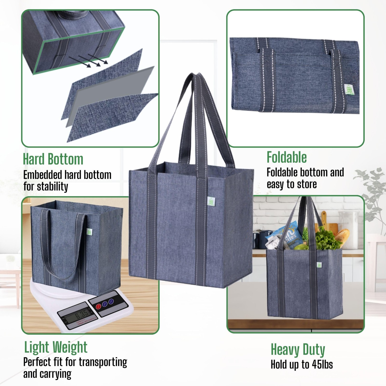 4 Pack Reusable Grocery Shopping Bags, Medium Tote Bag w/Handle & Hard Bottom