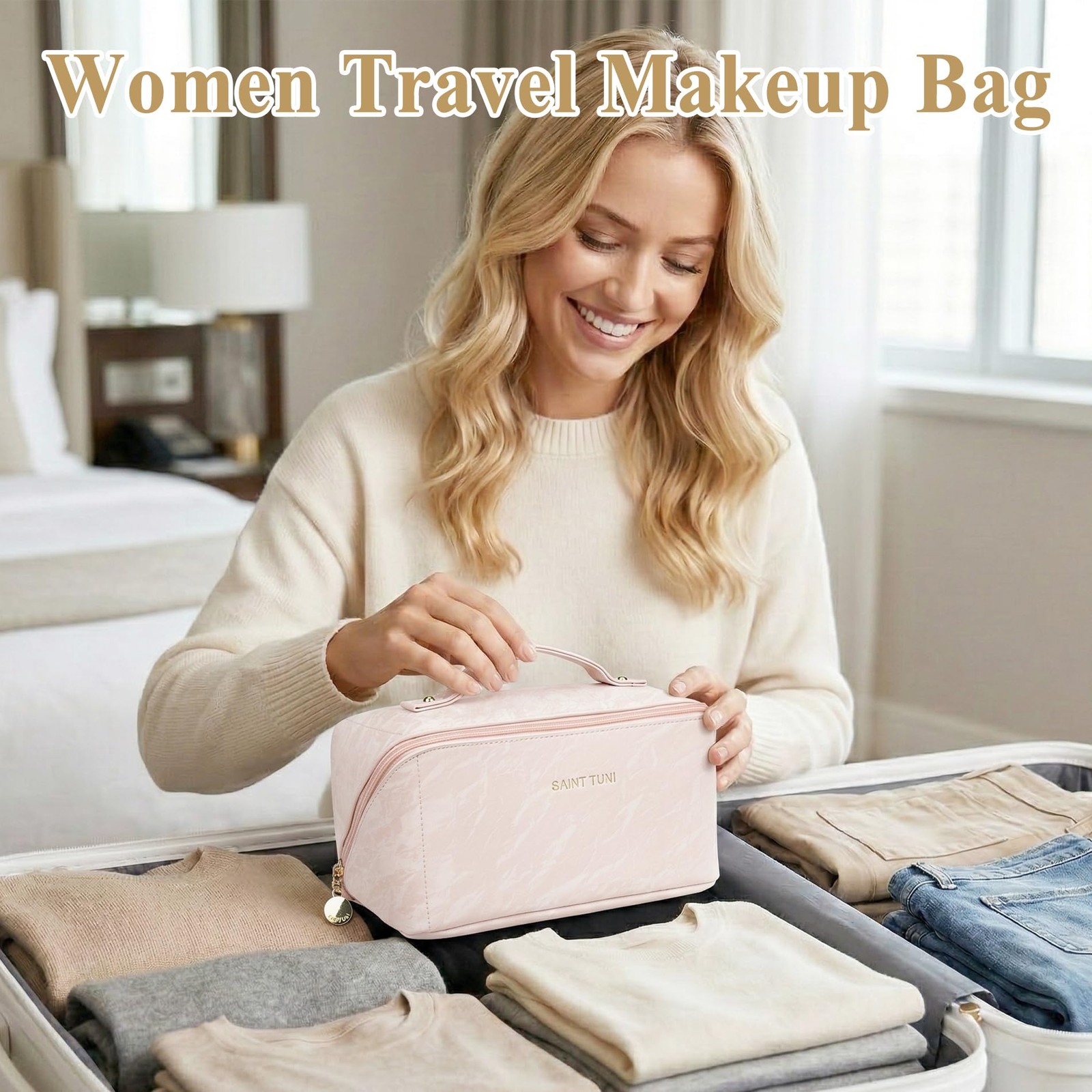 Cosmetic Bag,Travel Makeup Bag, Large Capacity Bags for Medium, Pink