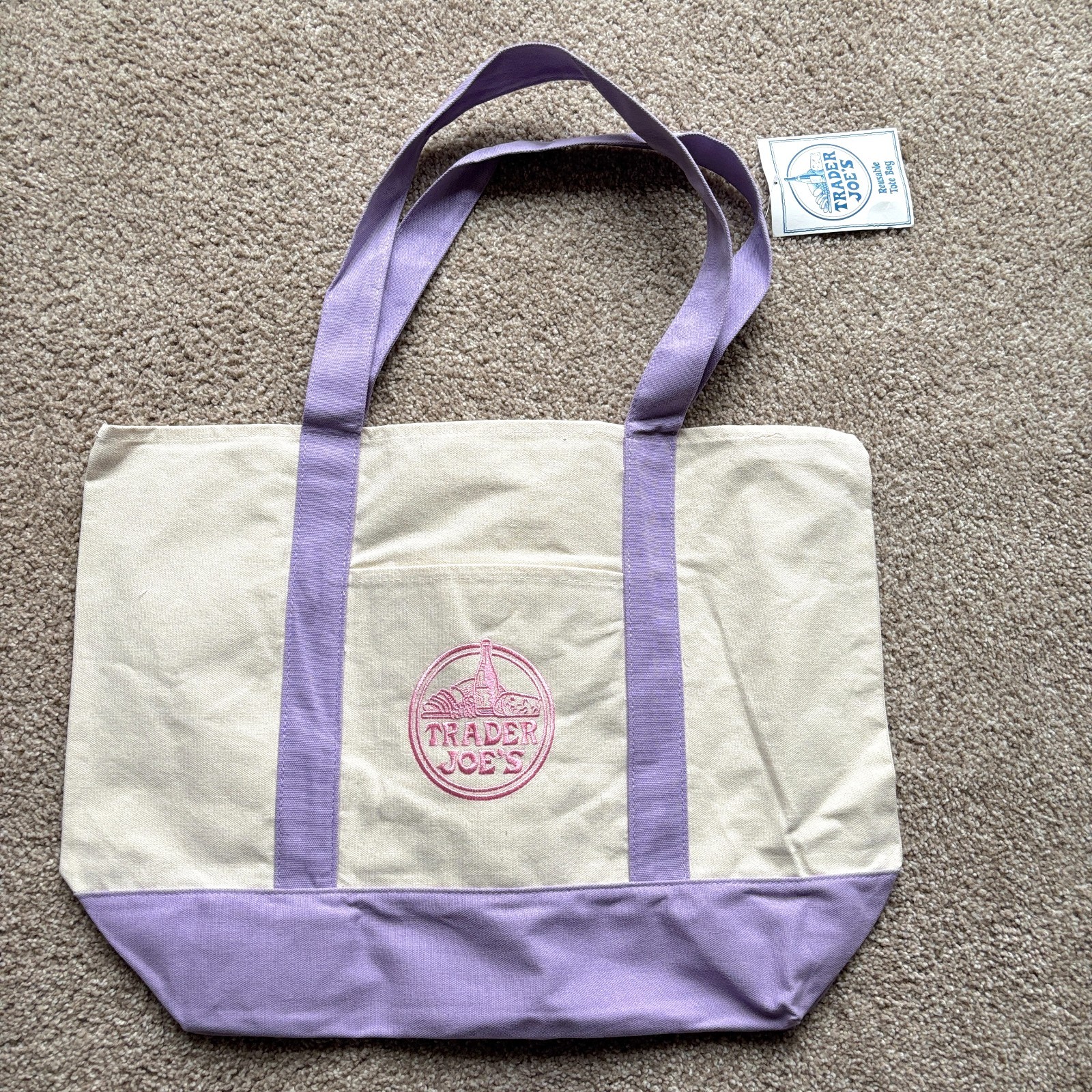 Trader Joe’s Easter Tote Bag Medium / Large Lavender Purple & Cream 20.25″ x 15″
