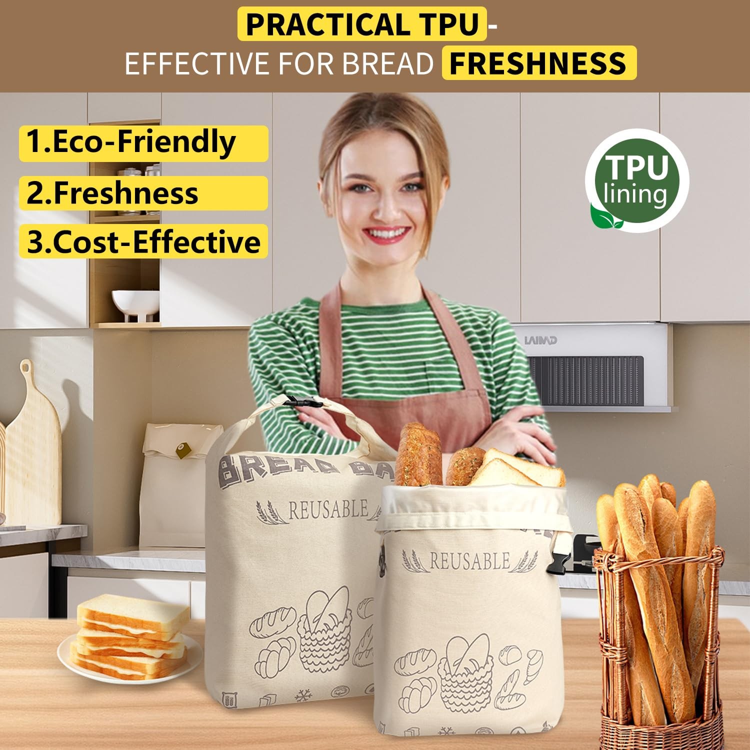 Reusable Bread Bag for Homemade Sourdough, 2 Pack XL 12.5″ x 17″, Beige